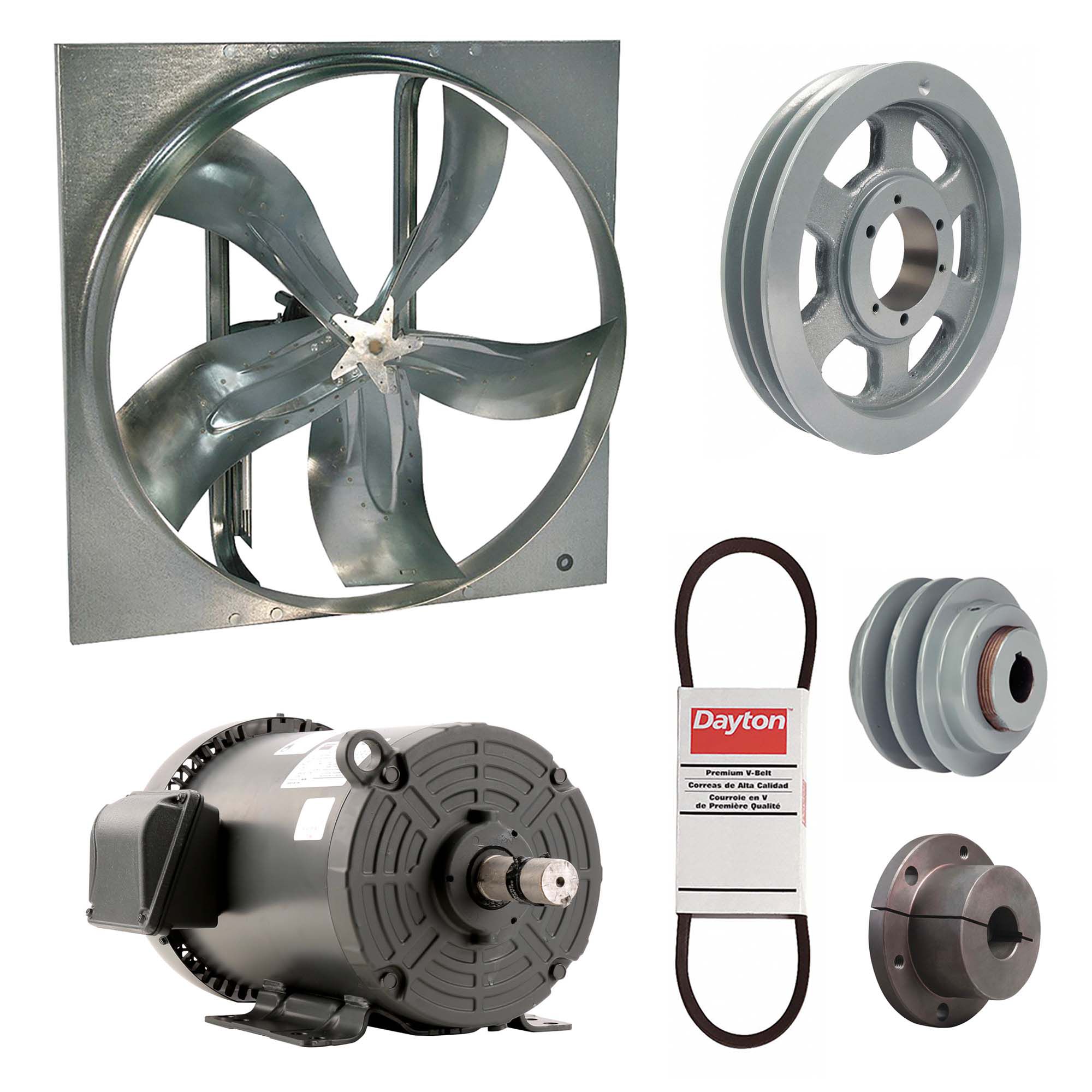 Exhaust Fan with Drive Package: Belt Drive, 54 in Blade, 5 hp, 44, 535 cfm, 208-230/460V AC, 3 ph