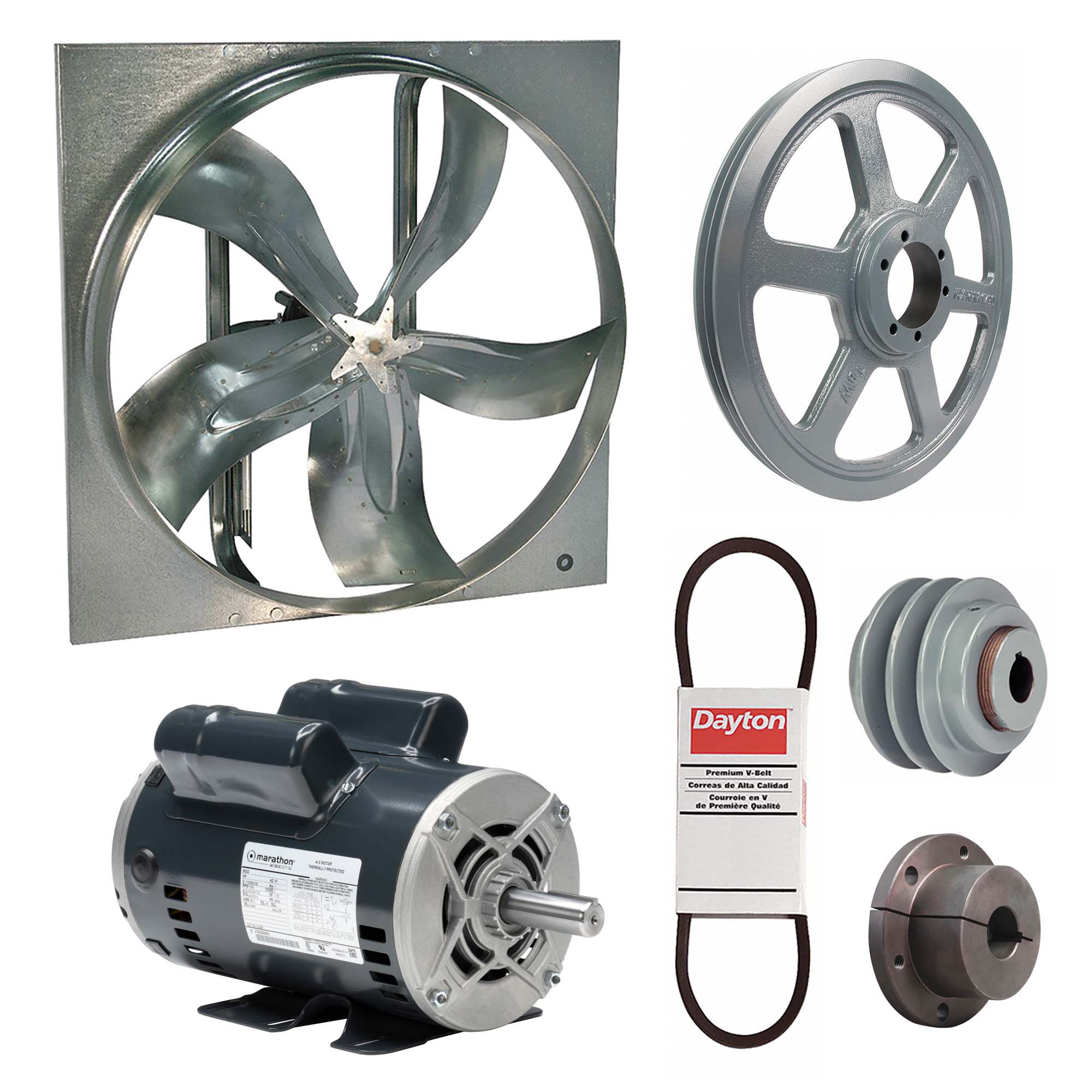 Exhaust Fan with Drive Package: Belt Drive, 60 in Blade, 2 hp, 38, 697 cfm, 115/208-230V AC, 1 ph