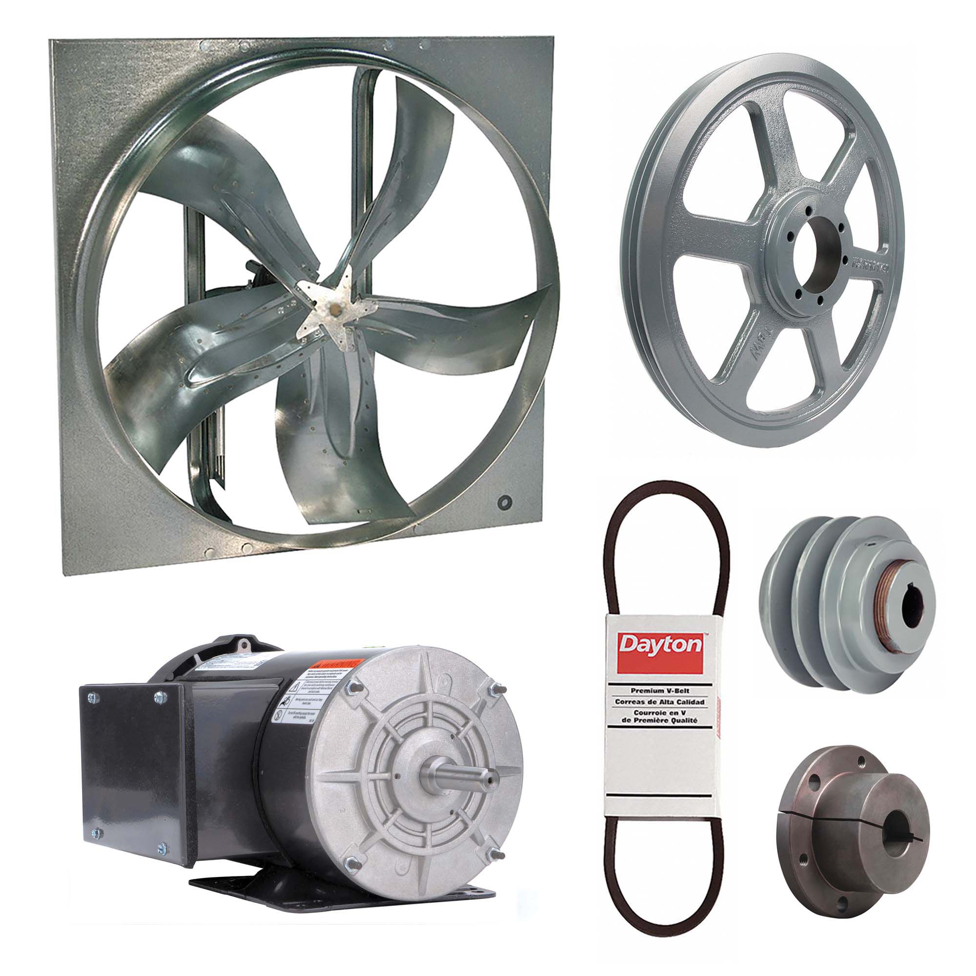 Exhaust Fan with Drive Package: Belt Drive, 60 in Blade, 2 hp, 38, 697 cfm, 115/208-230V AC, 1 ph