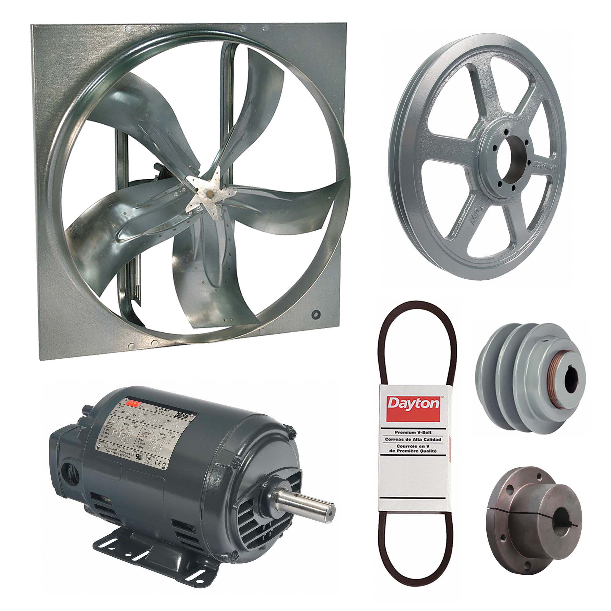 Exhaust Fan with Drive Package: Belt Drive, 60 in Blade, 2 hp, 38, 697 cfm, 230/460V AC, 3 ph