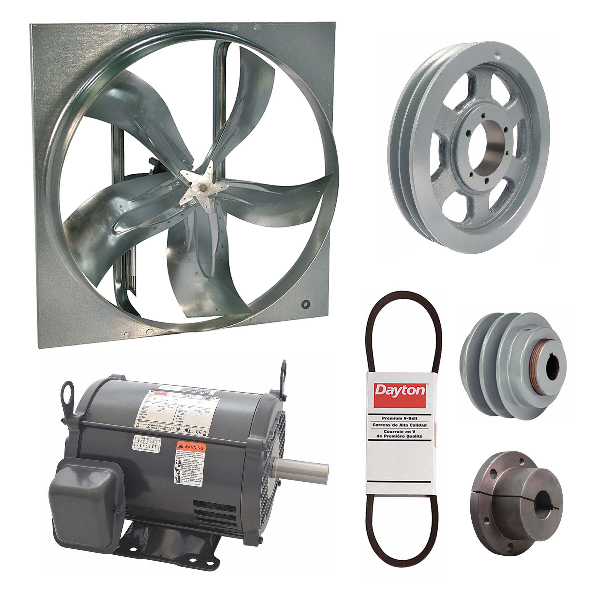 Exhaust Fan with Drive Package: Belt Drive, 60 in Blade, 3 hp, 44, 302 cfm, 208-230/460V AC, 3 ph