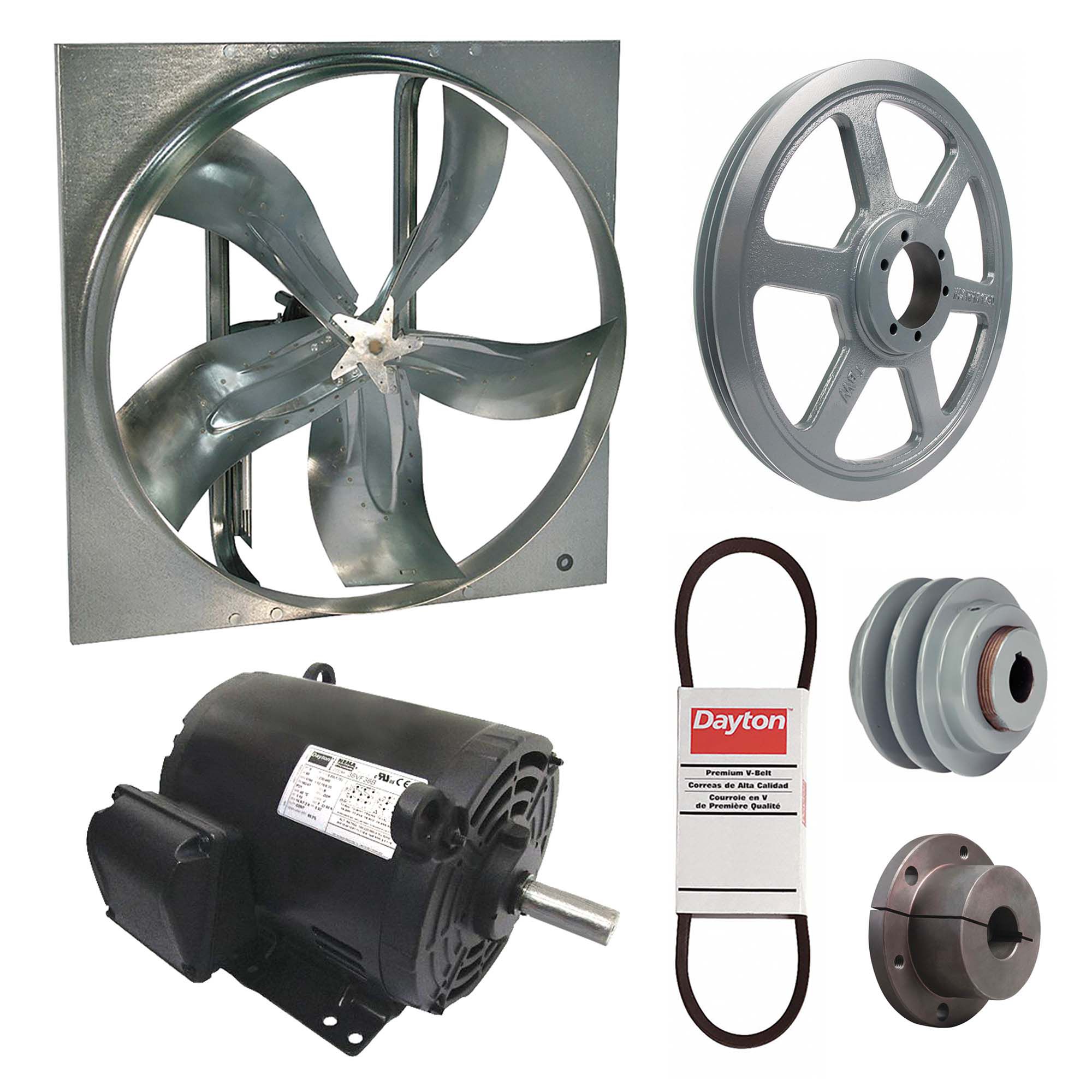 Exhaust Fan with Drive Package: Belt Drive, 60 in Blade, 5 hp, 52, 442 cfm, 230/460V AC, 3 ph