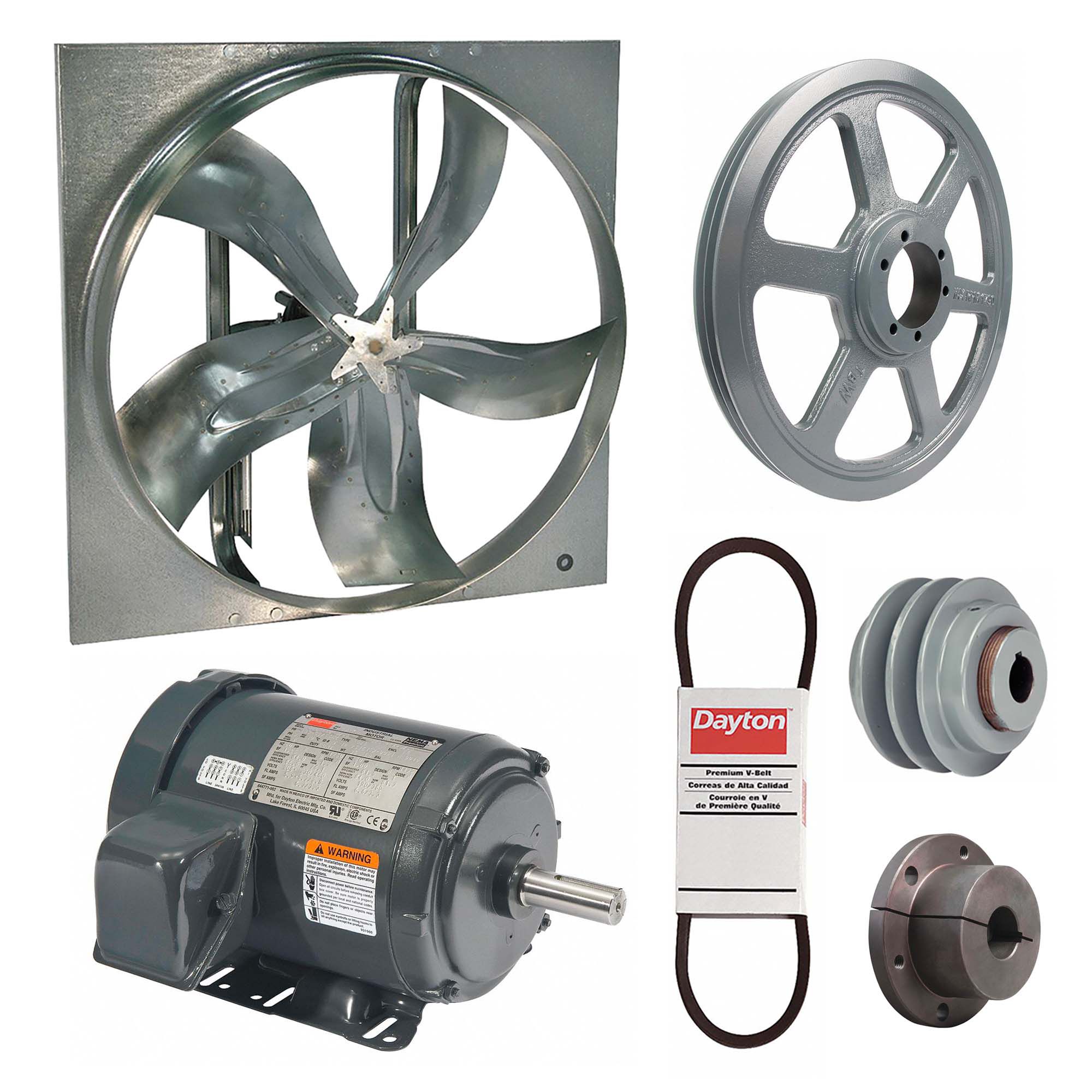 Exhaust Fan with Drive Package: Belt Drive, 60 in Blade, 2 hp, 38, 697 cfm, 230/460V AC, 3 ph