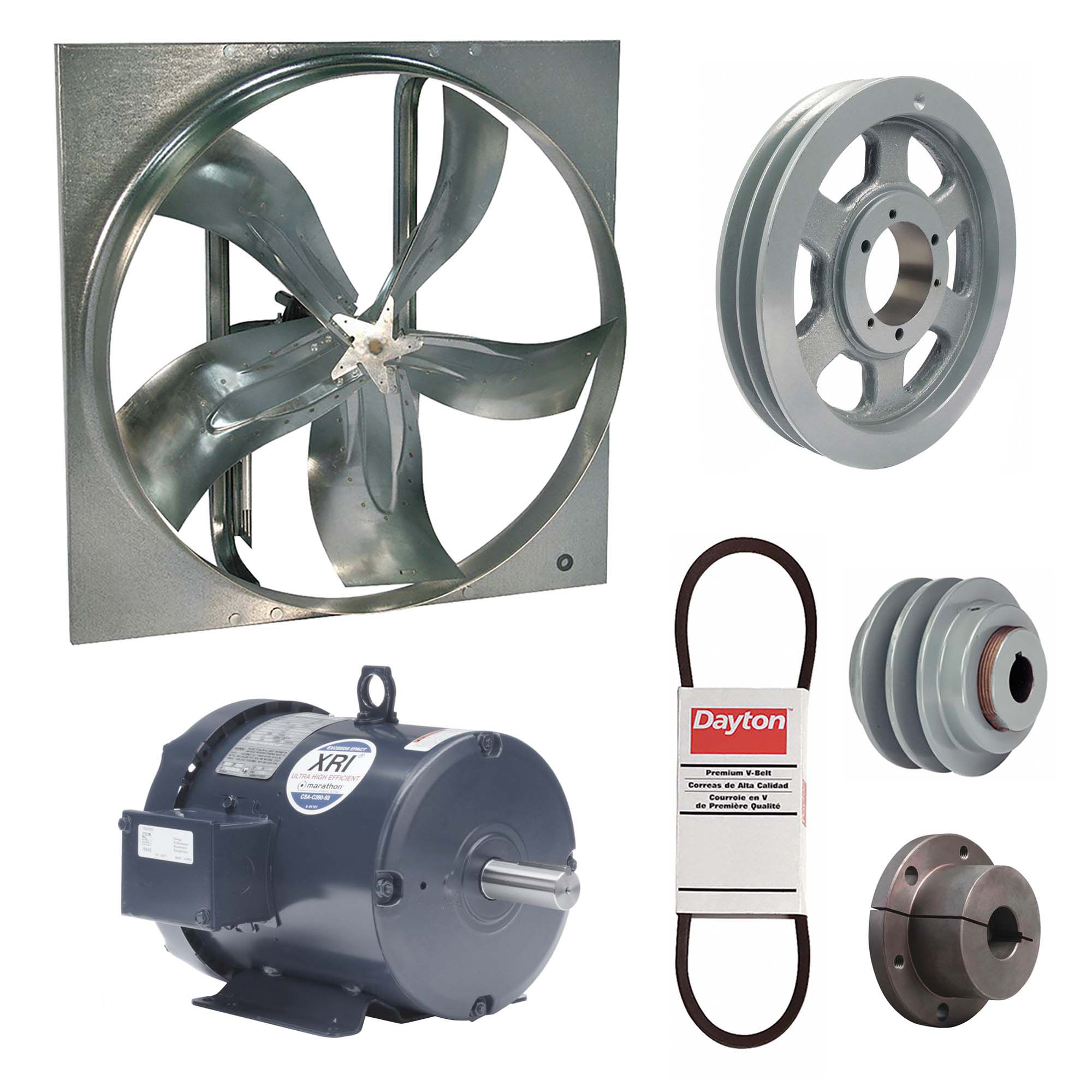 Exhaust Fan with Drive Package: Belt Drive, 60 in Blade, 3 hp, 44, 302 cfm, 230/460V AC, 3 ph