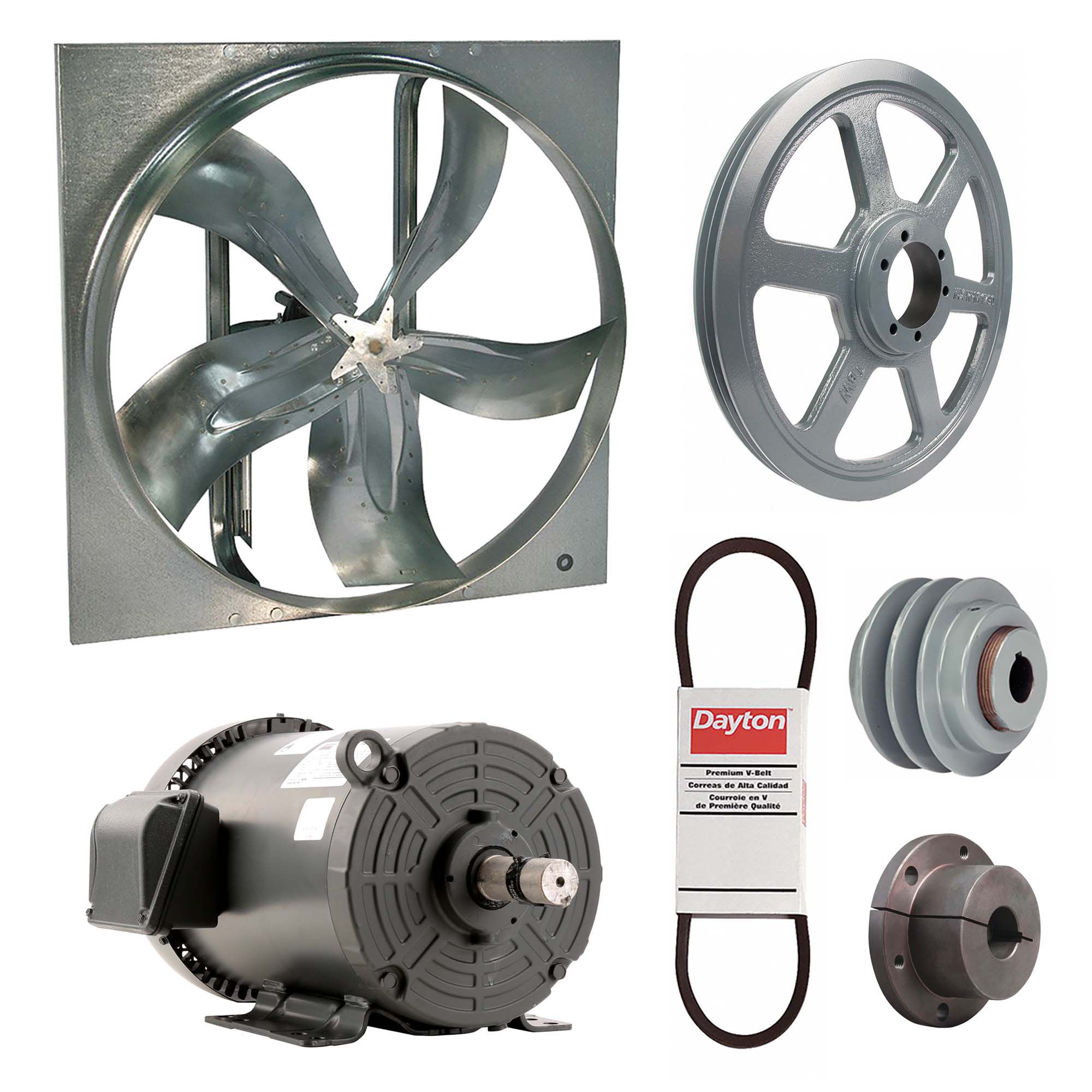 Exhaust Fan with Drive Package: Belt Drive, 60 in Blade, 5 hp, 52, 442 cfm, 208-230/460V AC, 3 ph