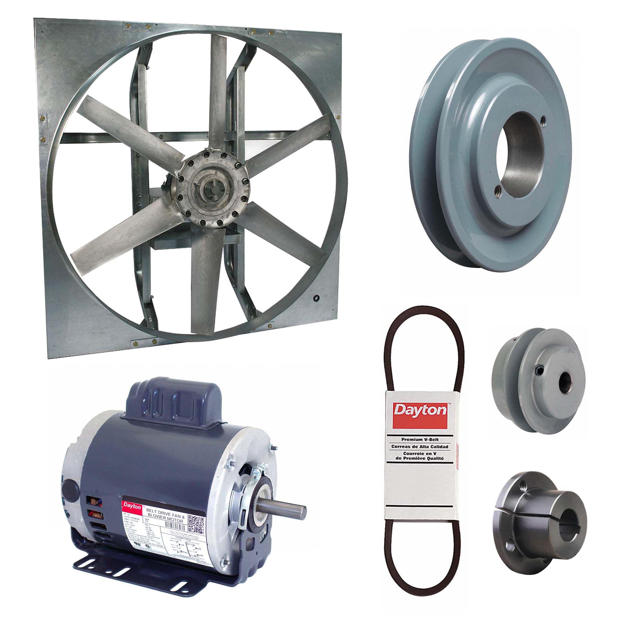 Exhaust Fan with Drive Package: Belt Drive, 24 in Blade, 1/2 hp, 6, 469 cfm, 115/208-230V AC, 1 ph
