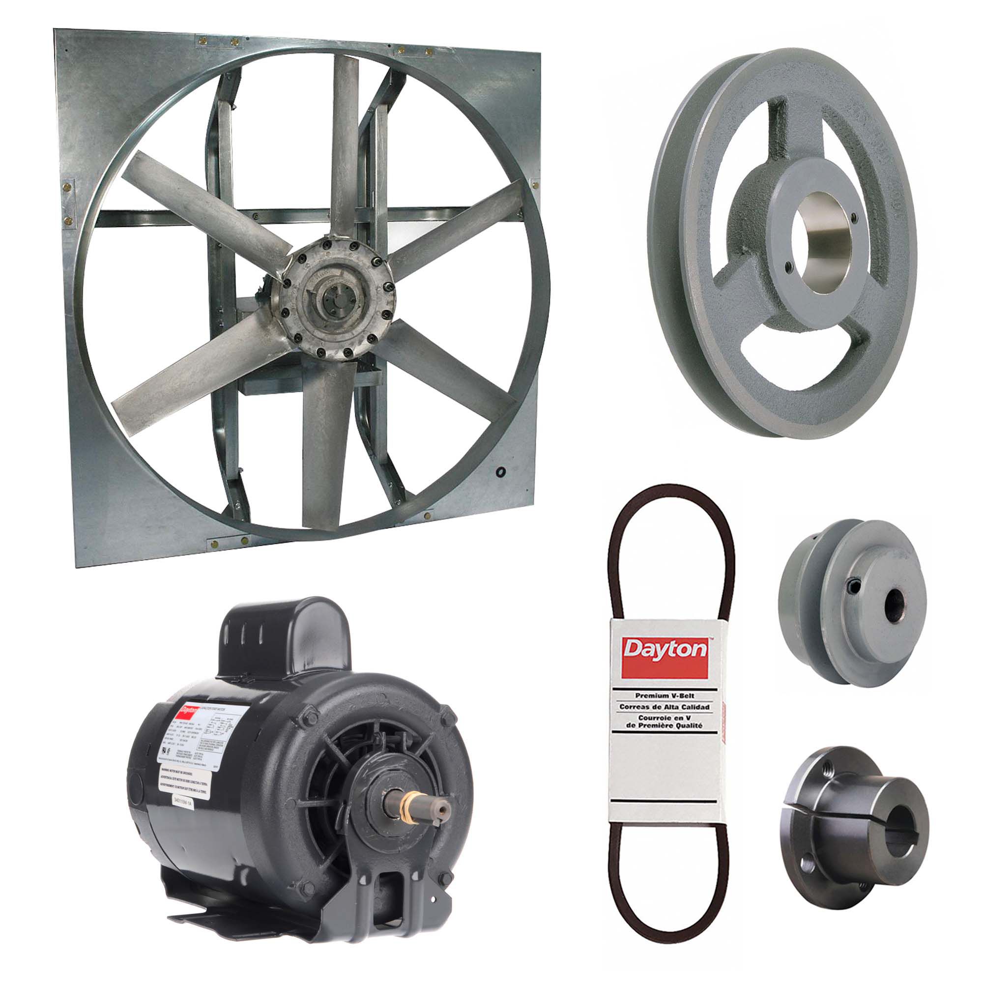 Exhaust Fan with Drive Package: Belt Drive, 24 in Blade, 3/4 hp, 7, 357 cfm, 115/230V AC, 1 ph