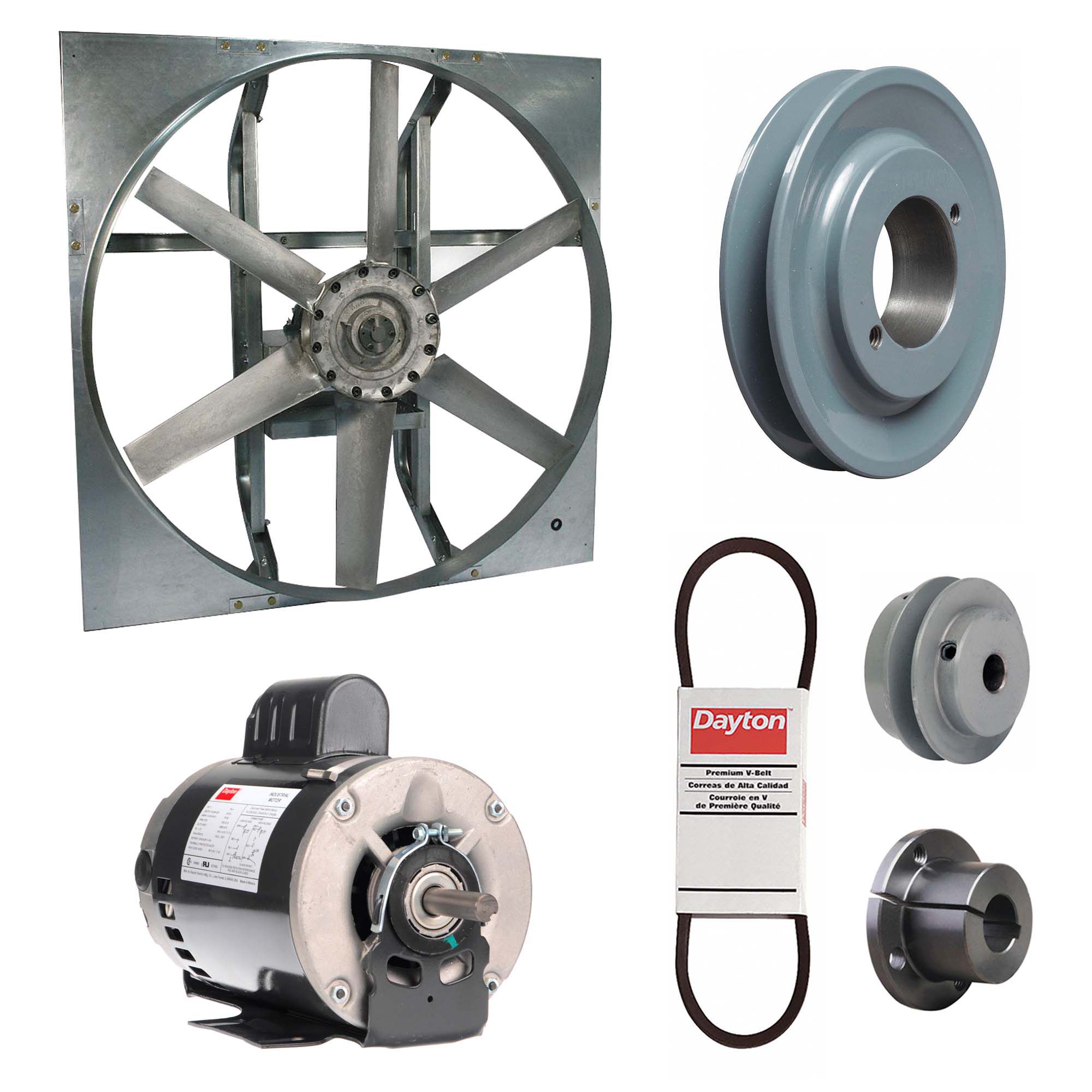 Exhaust Fan with Drive Package: Belt Drive, 24 in Blade, 1 hp, 8, 115 cfm, 115/208-230V AC, 1 ph