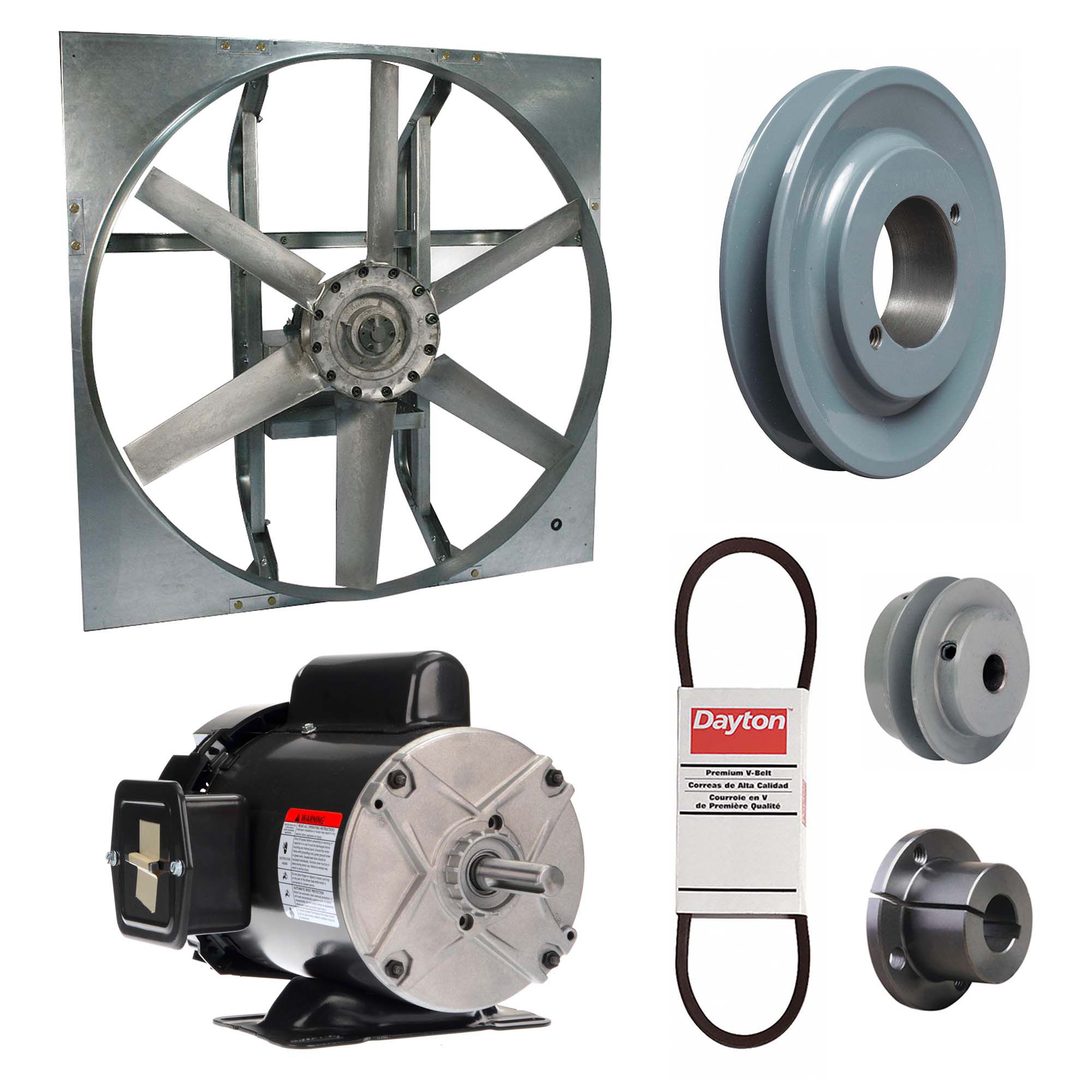 Exhaust Fan with Drive Package: Belt Drive, 24 in Blade, 1/2 hp, 6, 469 cfm, 115/208-230V AC, 1 ph