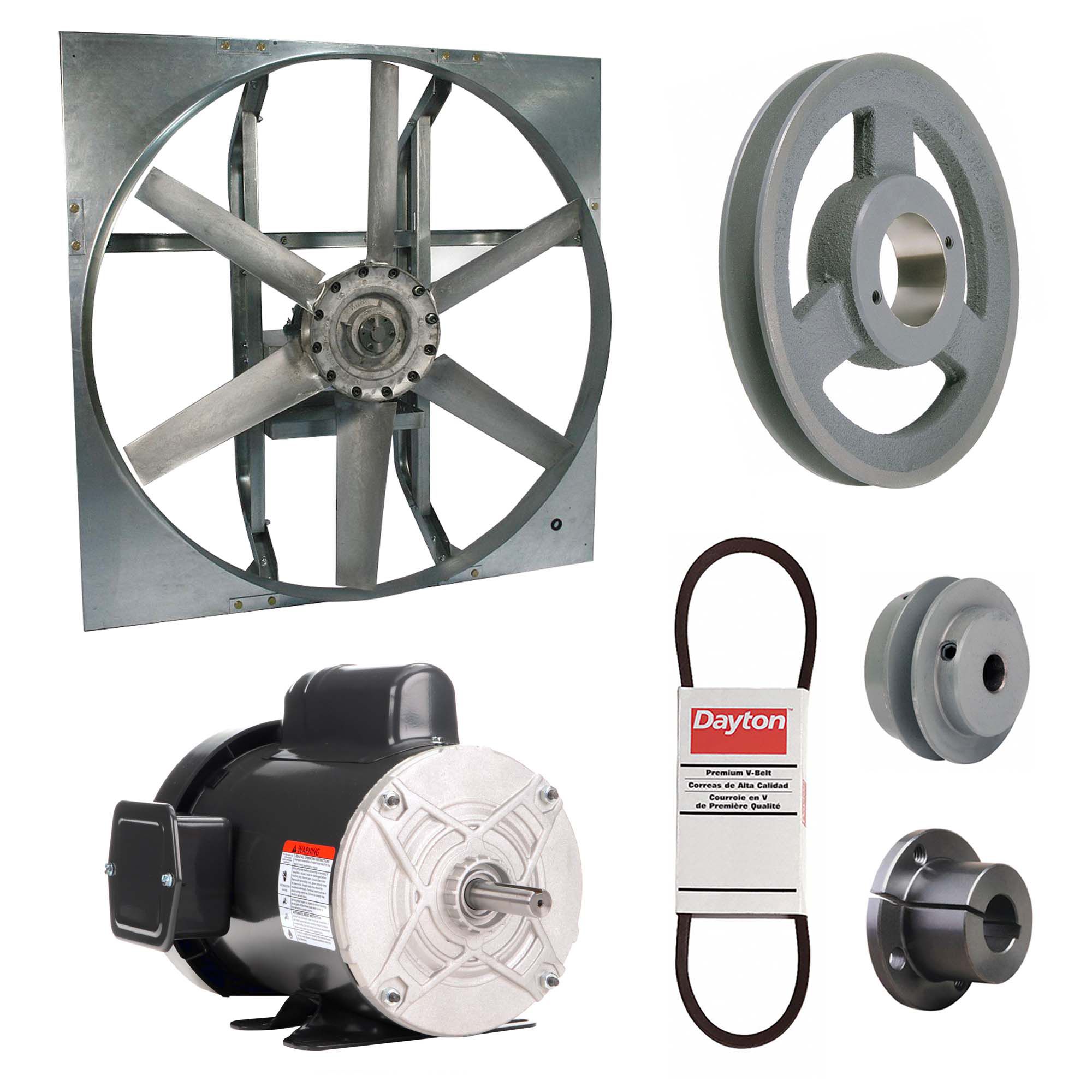 Exhaust Fan with Drive Package: Belt Drive, 24 in Blade, 3/4 hp, 7, 357 cfm, 115/208-230V AC, 1 ph