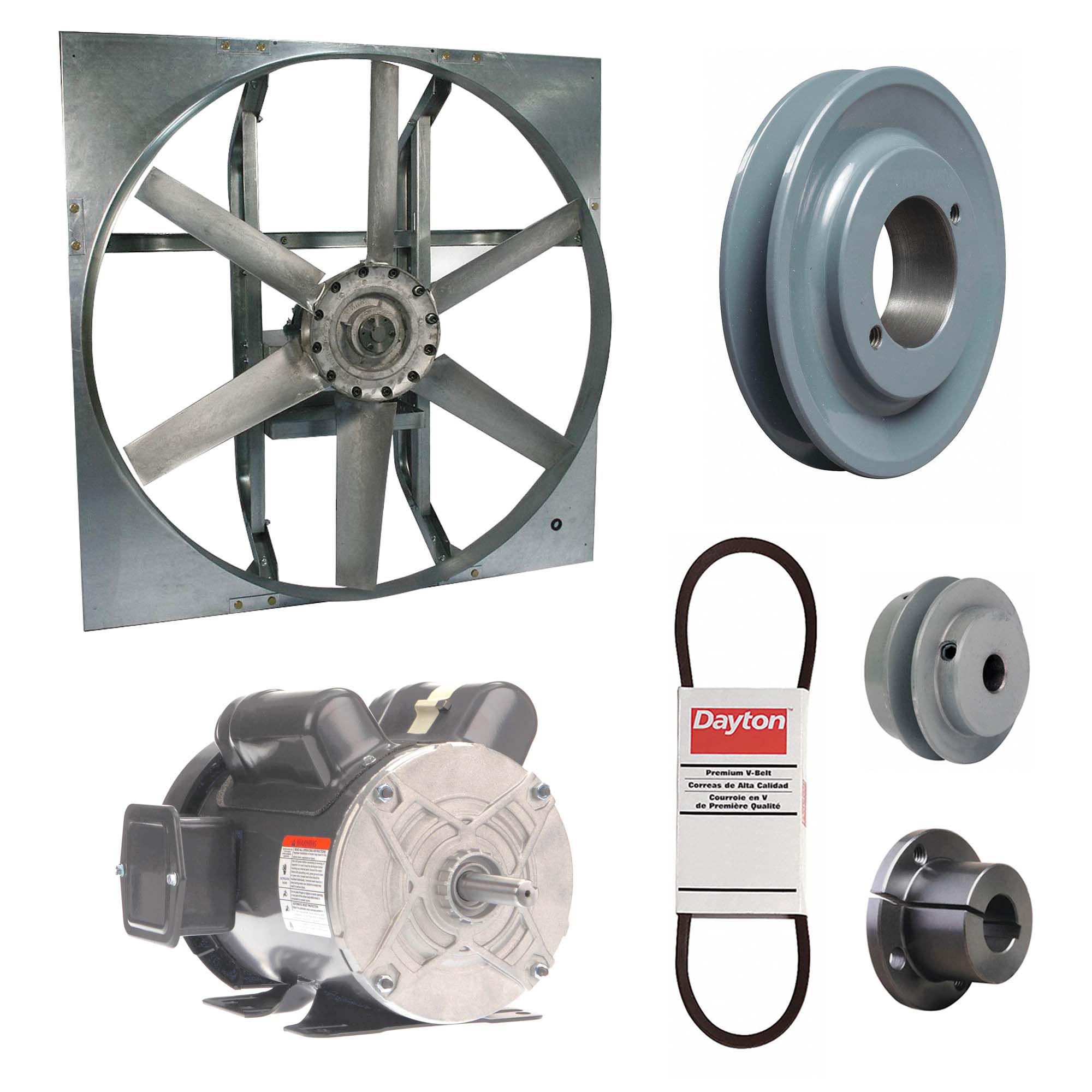 Exhaust Fan with Drive Package: Belt Drive, 24 in Blade, 1 hp, 8, 115 cfm, 115/208-230V AC, 1 ph