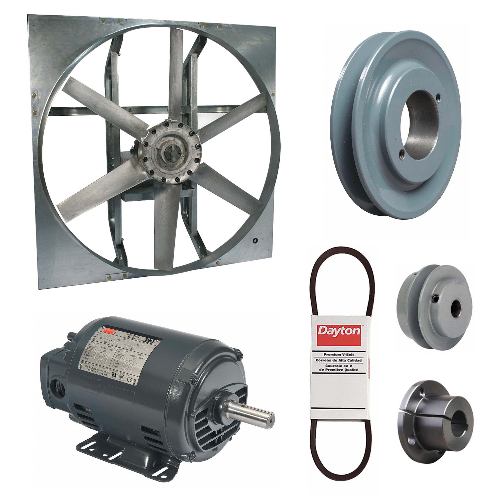 Exhaust Fan with Drive Package: Belt Drive, 24 in Blade, 1 hp, 8, 115 cfm, 208-230/460V AC, 3 ph
