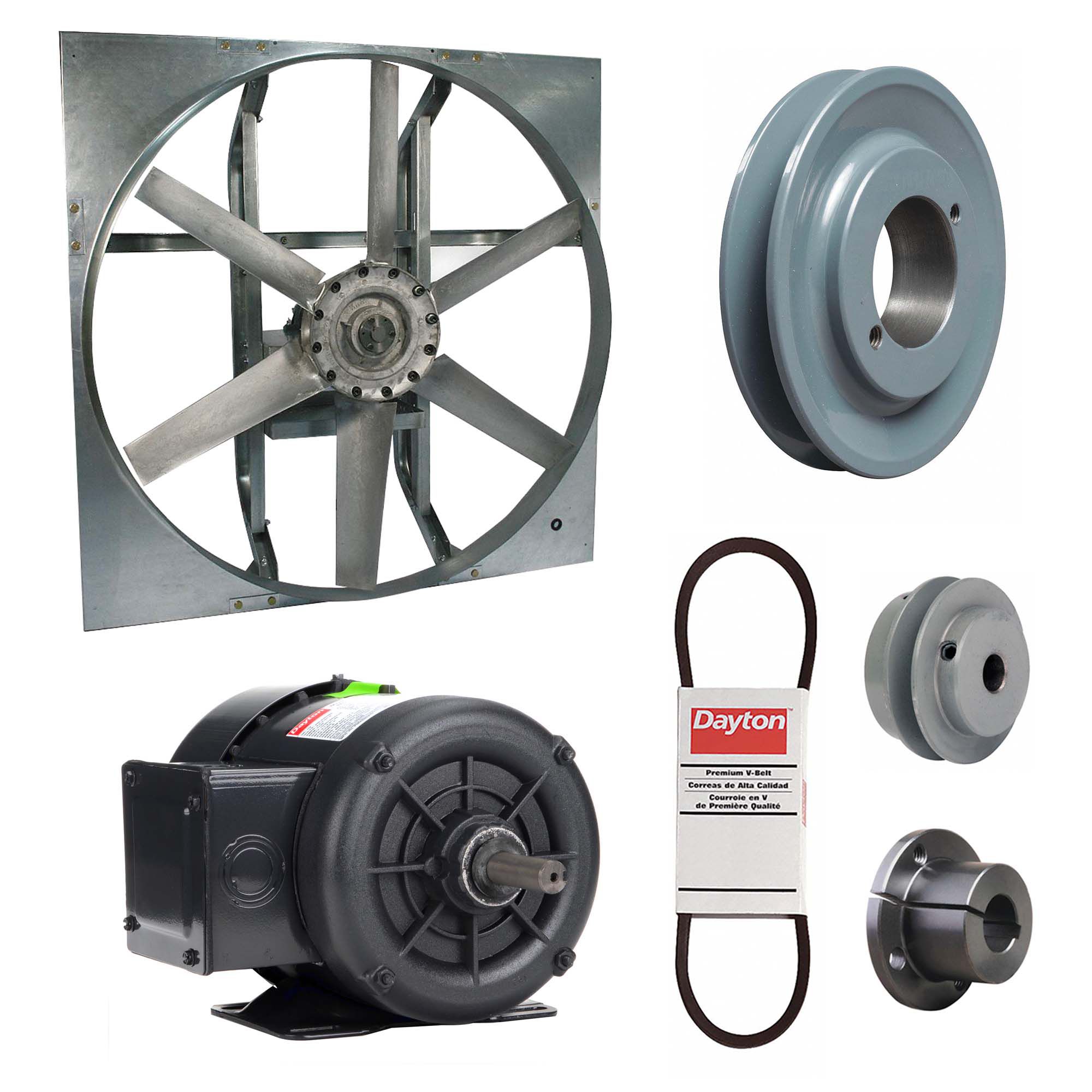 Exhaust Fan with Drive Package: Belt Drive, 24 in Blade, 1/2 hp, 6, 469 cfm, 208-230/460V AC, 3 ph