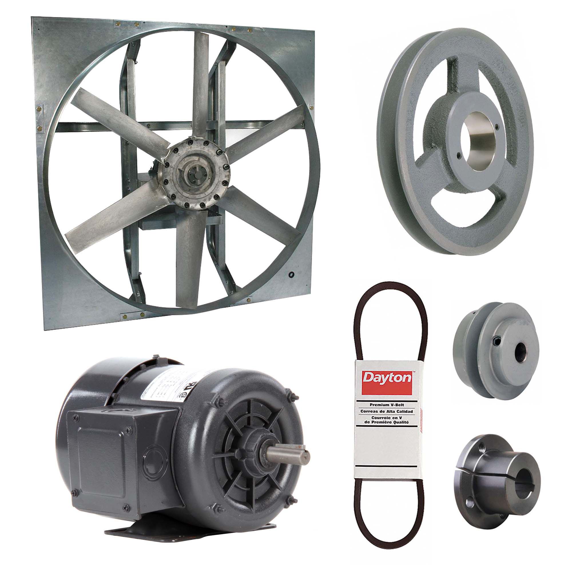 Exhaust Fan with Drive Package: Belt Drive, 24 in Blade, 3/4 hp, 7, 357 cfm, 208-230/460V AC, 3 ph