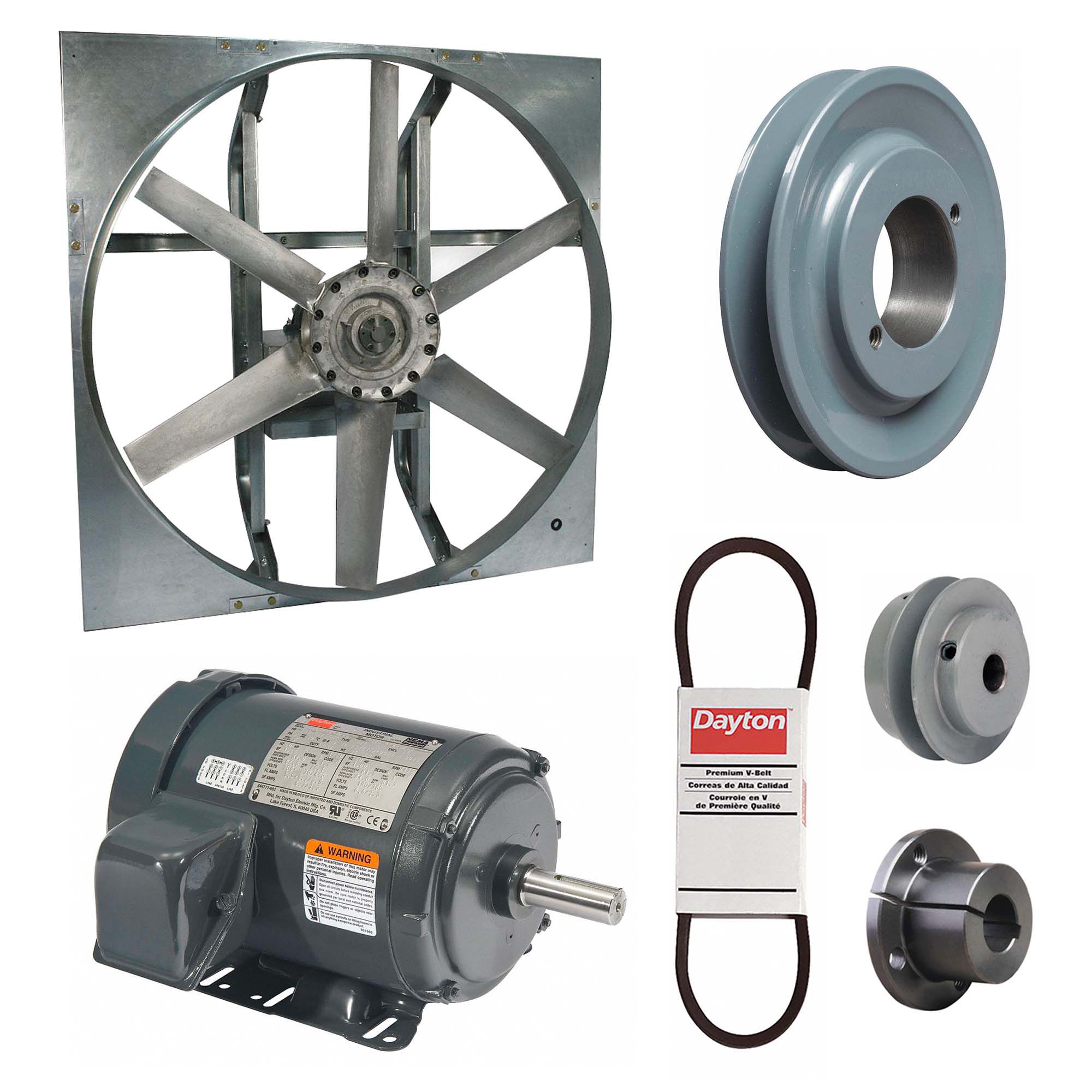 Exhaust Fan with Drive Package: Belt Drive, 24 in Blade, 1 hp, 8, 115 cfm, 230/460V AC, 3 ph