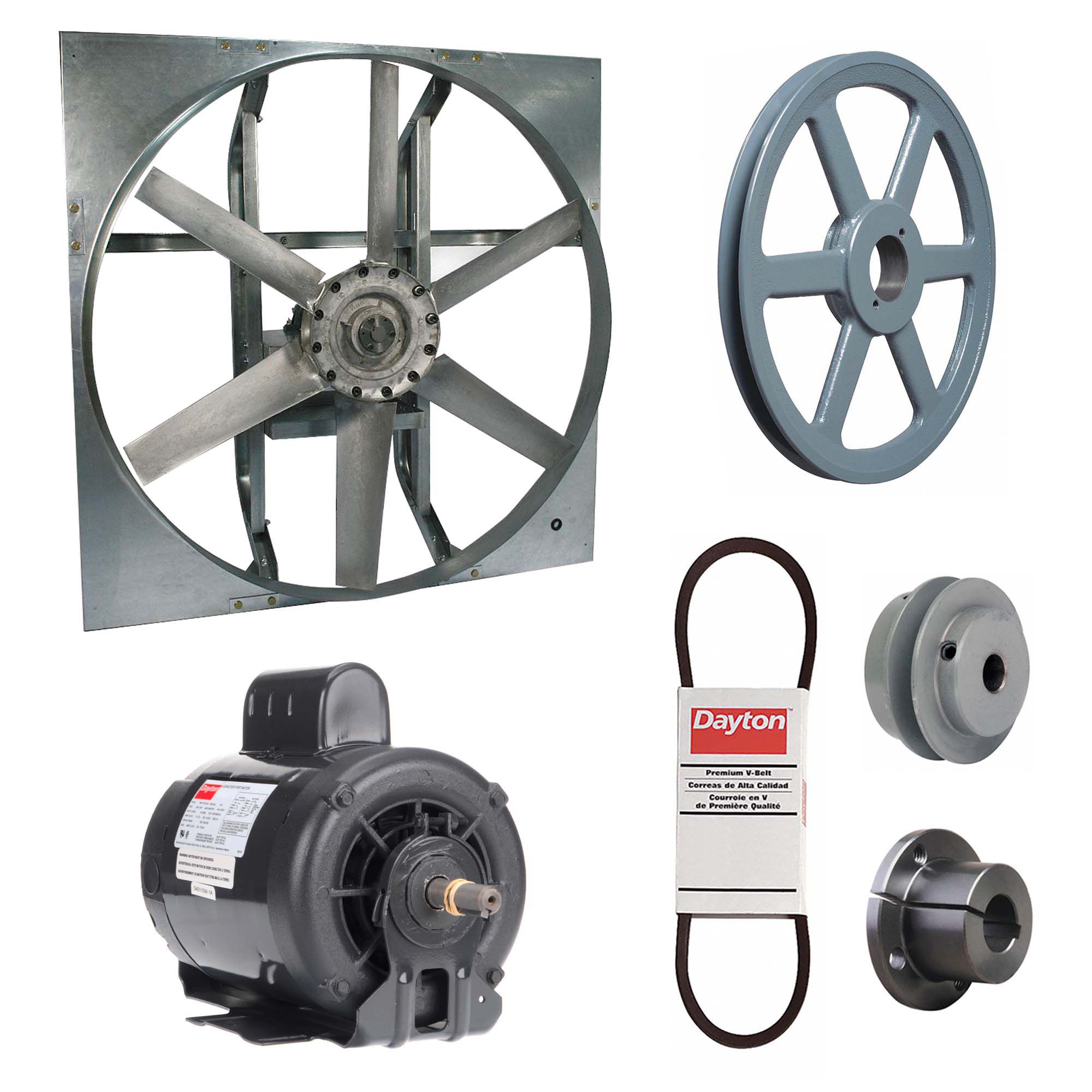 Exhaust Fan with Drive Package: Belt Drive, 30 in Blade, 3/4 hp, 10, 798 cfm, 115/230V AC, 1 ph