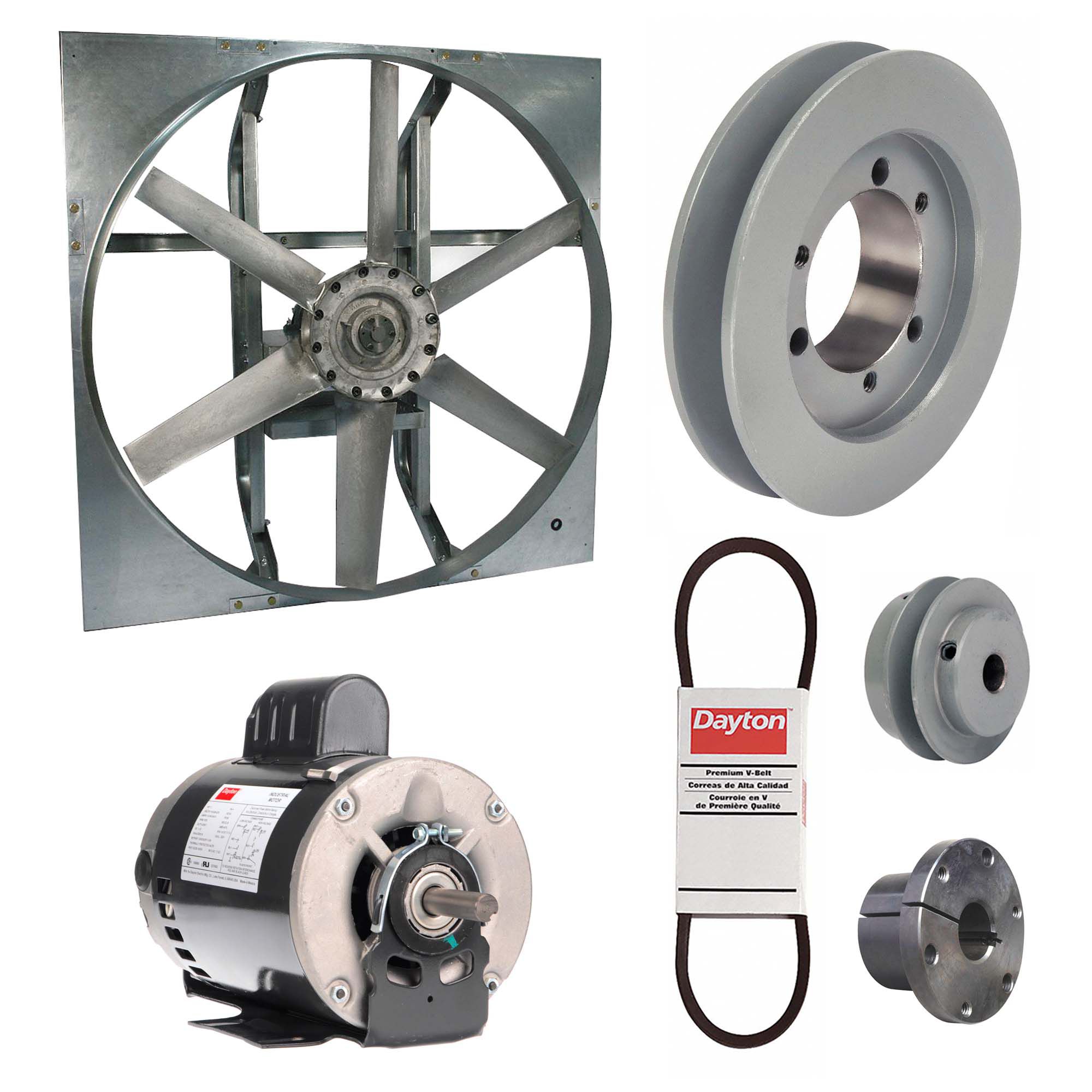 Exhaust Fan with Drive Package: Belt Drive, 30 in Blade, 1 hp, 11, 901 cfm, 115/208-230V AC, 1 ph