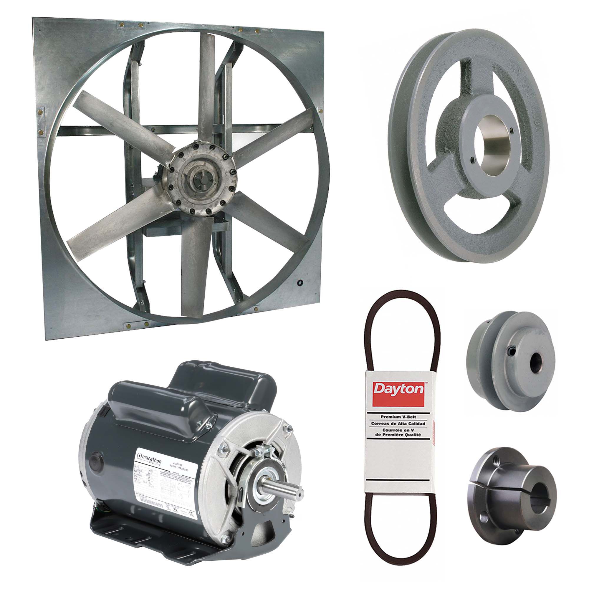 Exhaust Fan with Drive Package: Belt Drive, 30 in Blade, 1 1/2 hp, 13, 639 cfm, 115/208-230V AC, 1 ph
