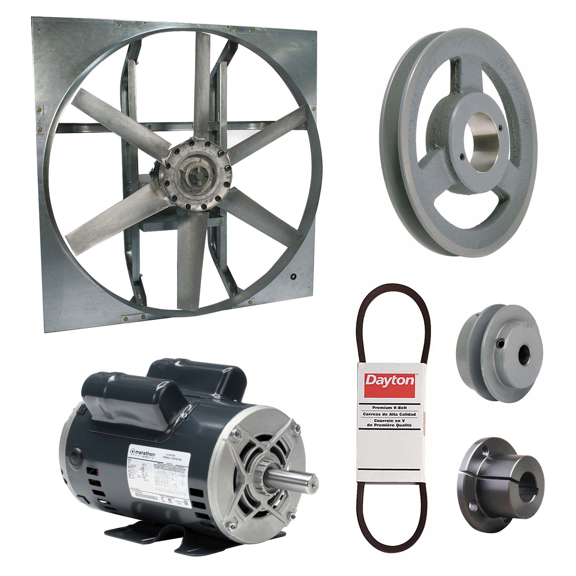 Exhaust Fan with Drive Package: Belt Drive, 30 in Blade, 2 hp, 14, 990 cfm, 115/208-230V AC, 1 ph