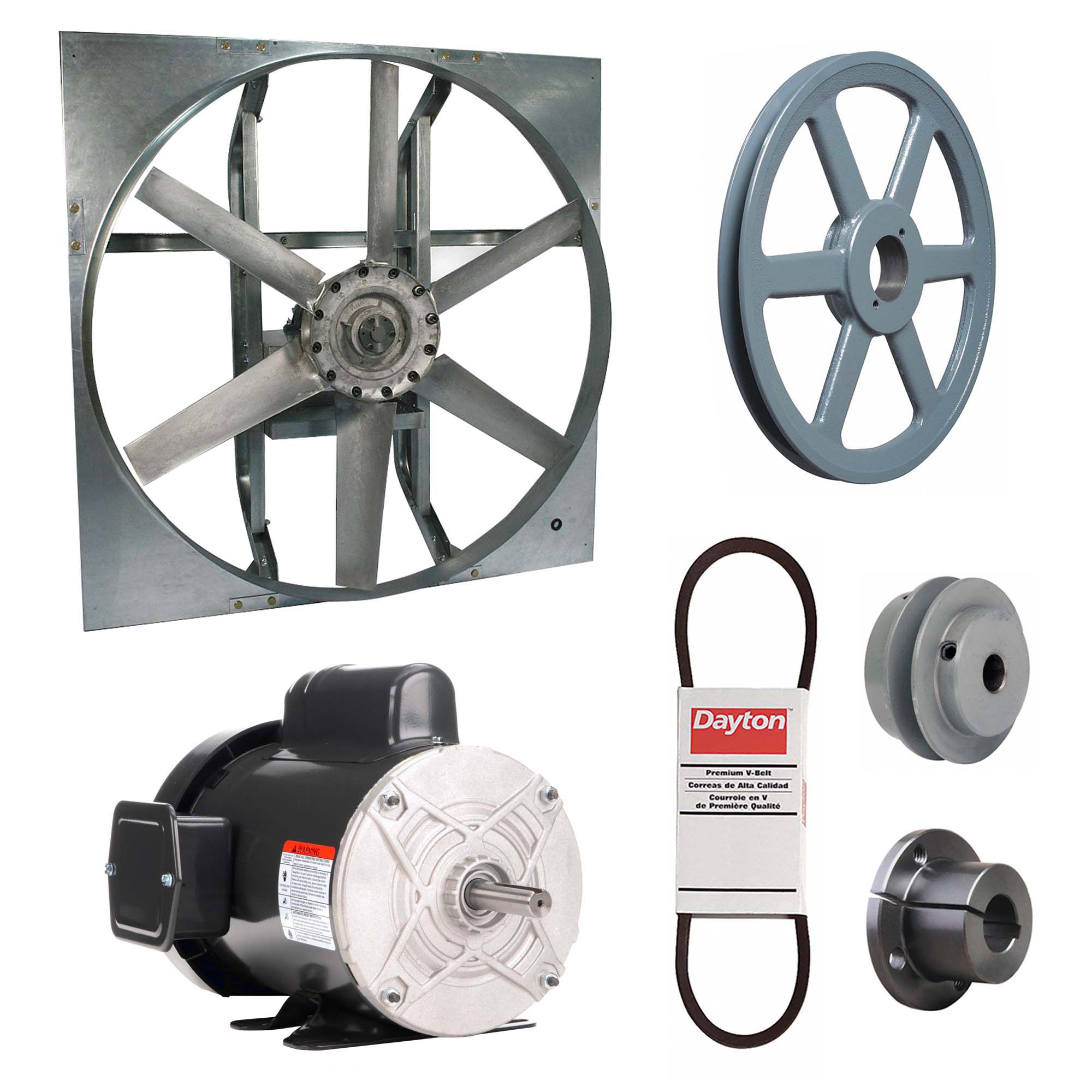 Exhaust Fan with Drive Package: Belt Drive, 30 in Blade, 3/4 hp, 10, 798 cfm, 115/208-230V AC, 1 ph