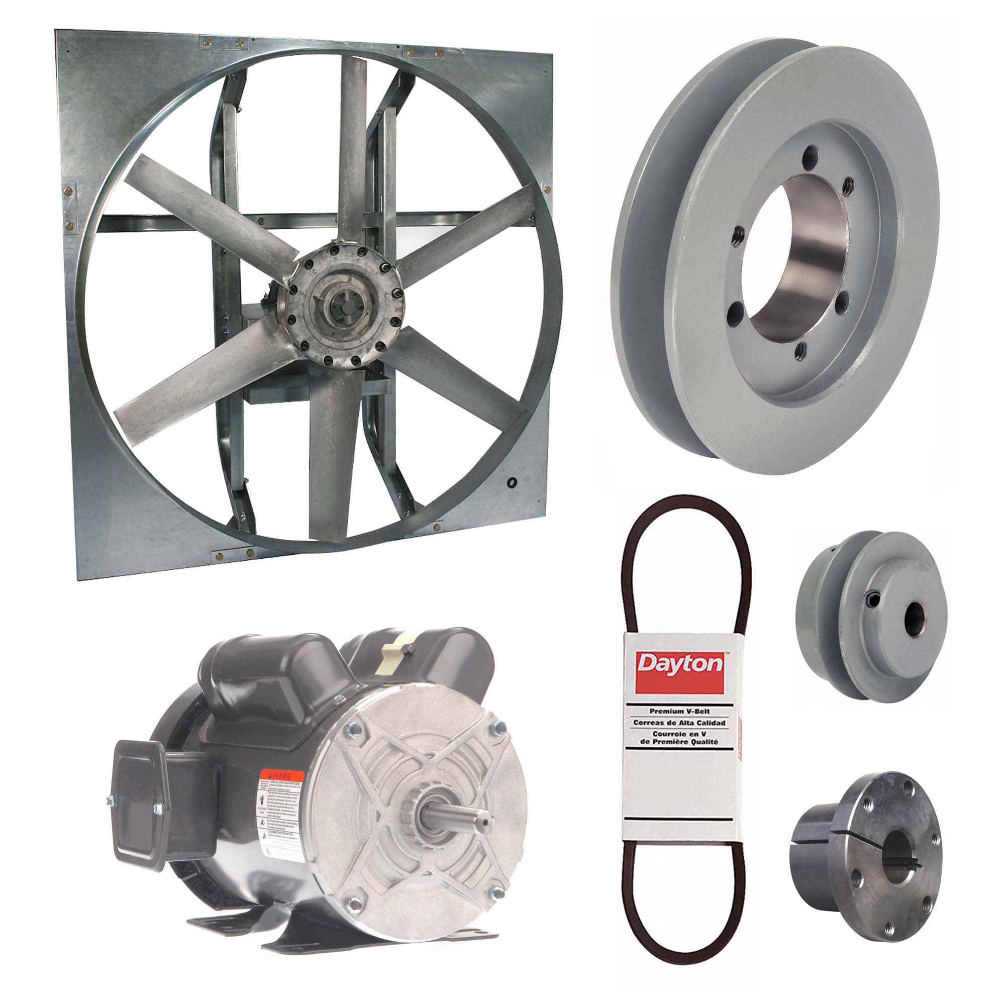 Exhaust Fan with Drive Package: Belt Drive, 30 in Blade, 1 hp, 11, 901 cfm, 115/208-230V AC, 1 ph