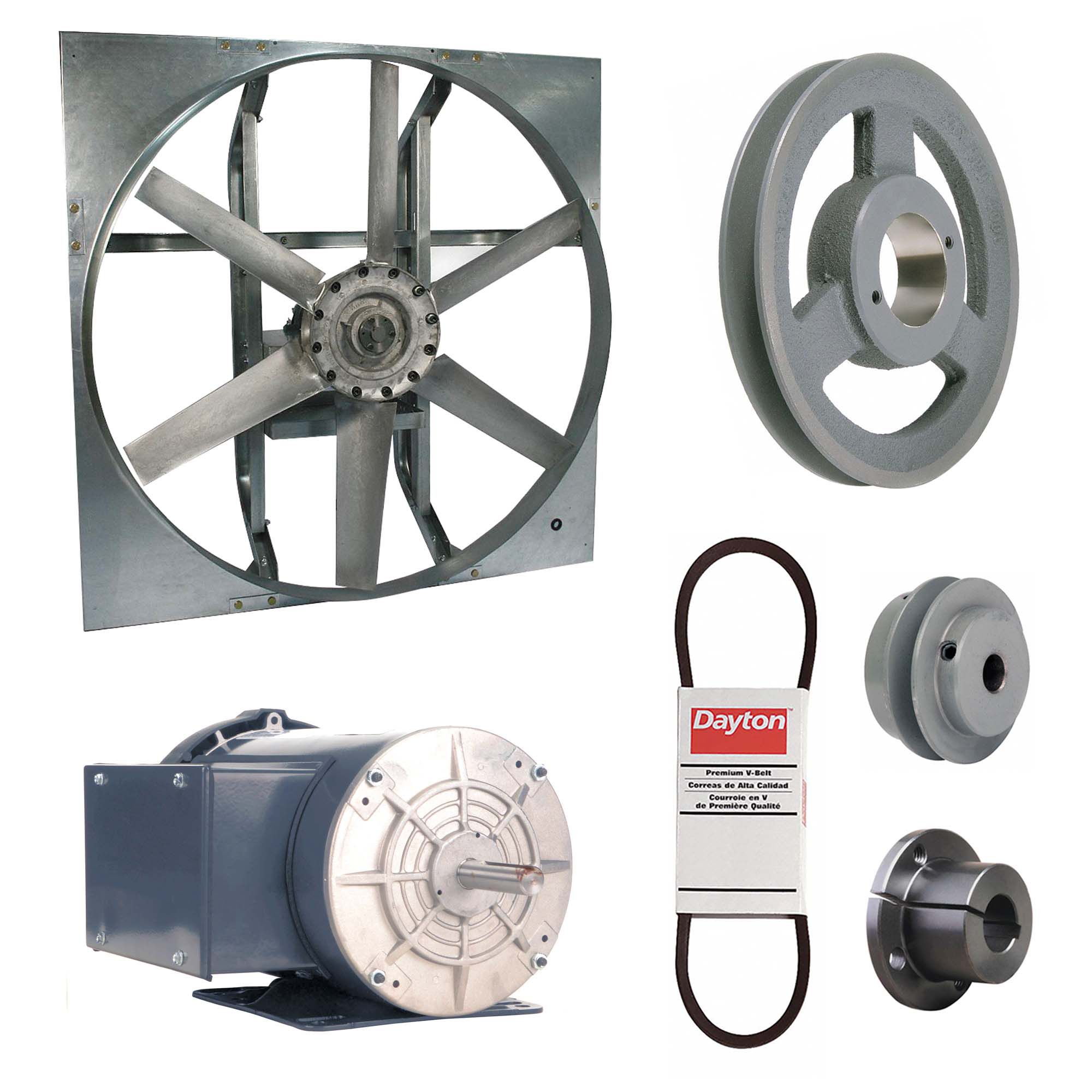 Exhaust Fan with Drive Package: Belt Drive, 30 in Blade, 1 1/2 hp, 13, 639 cfm, 115/208-230V AC, 1 ph