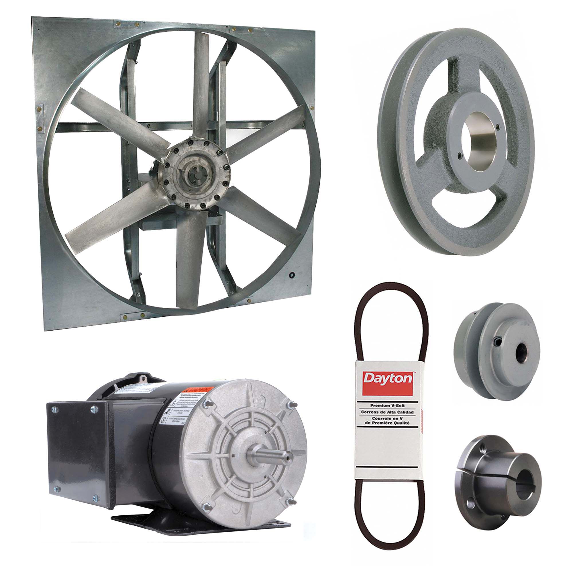 Exhaust Fan with Drive Package: Belt Drive, 30 in Blade, 2 hp, 14, 990 cfm, 115/208-230V AC, 1 ph