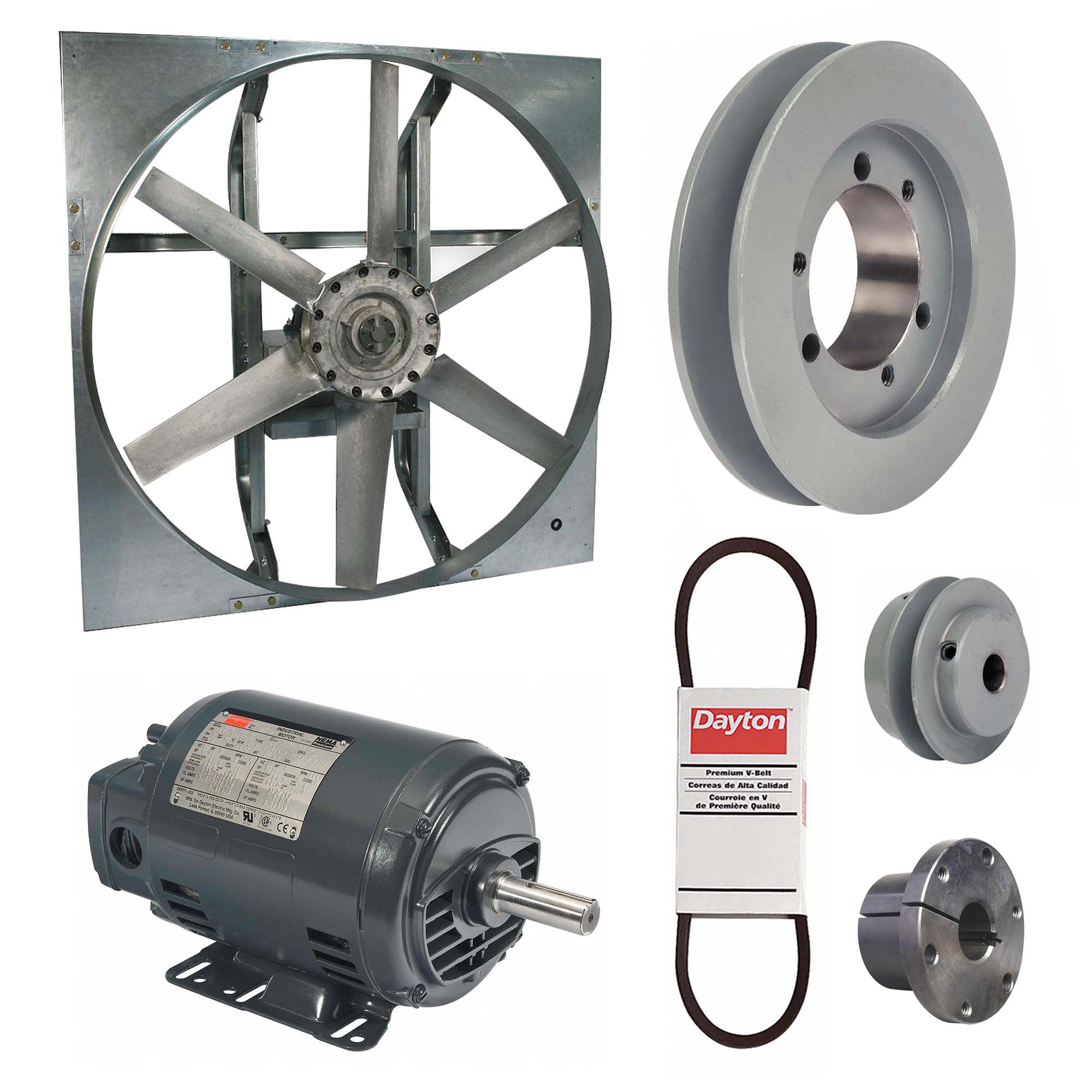 Exhaust Fan with Drive Package: Belt Drive, 30 in Blade, 1 hp, 11, 901 cfm, 208-230/460V AC, 3 ph