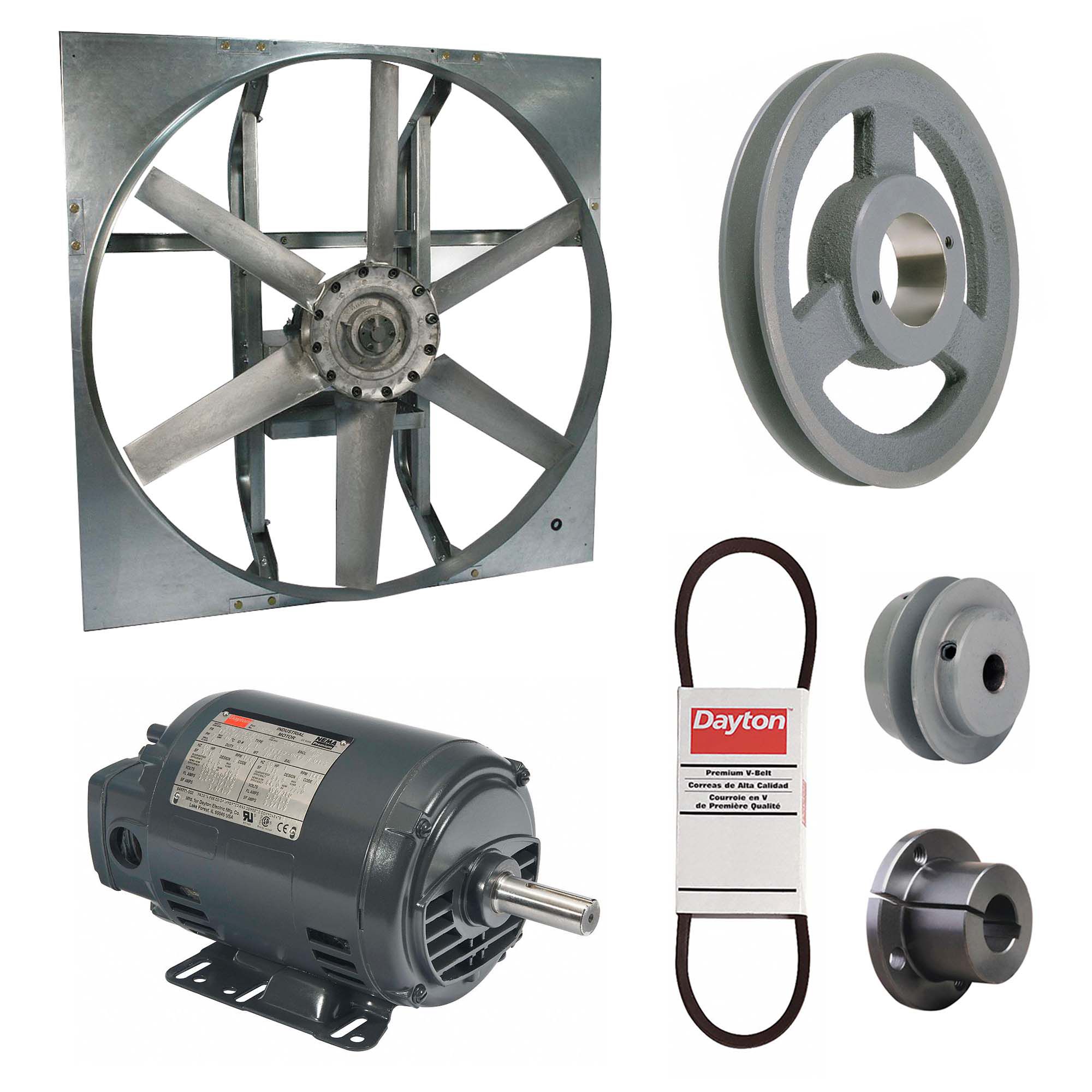 Exhaust Fan with Drive Package: Belt Drive, 30 in Blade, 1 1/2 hp, 13, 639 cfm, 208-230/460V AC, 3 ph