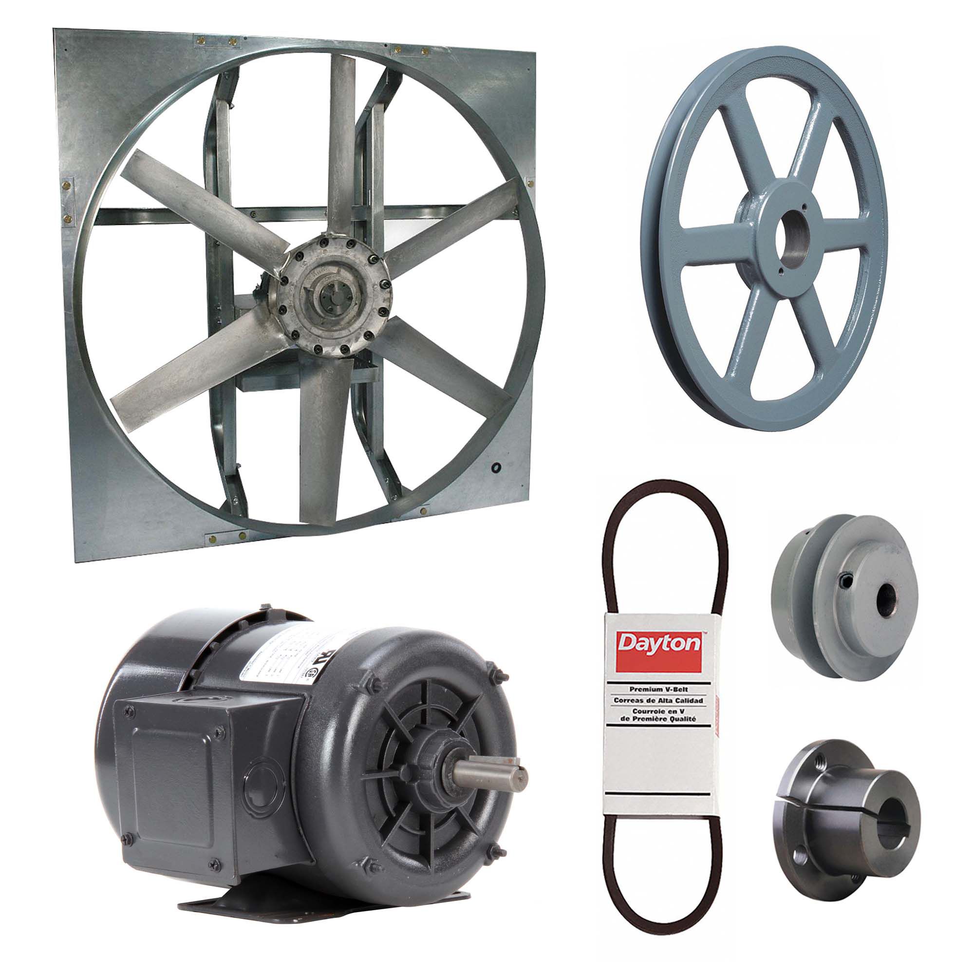 Exhaust Fan with Drive Package: Belt Drive, 30 in Blade, 3/4 hp, 10, 798 cfm, 208-230/460V AC, 3 ph