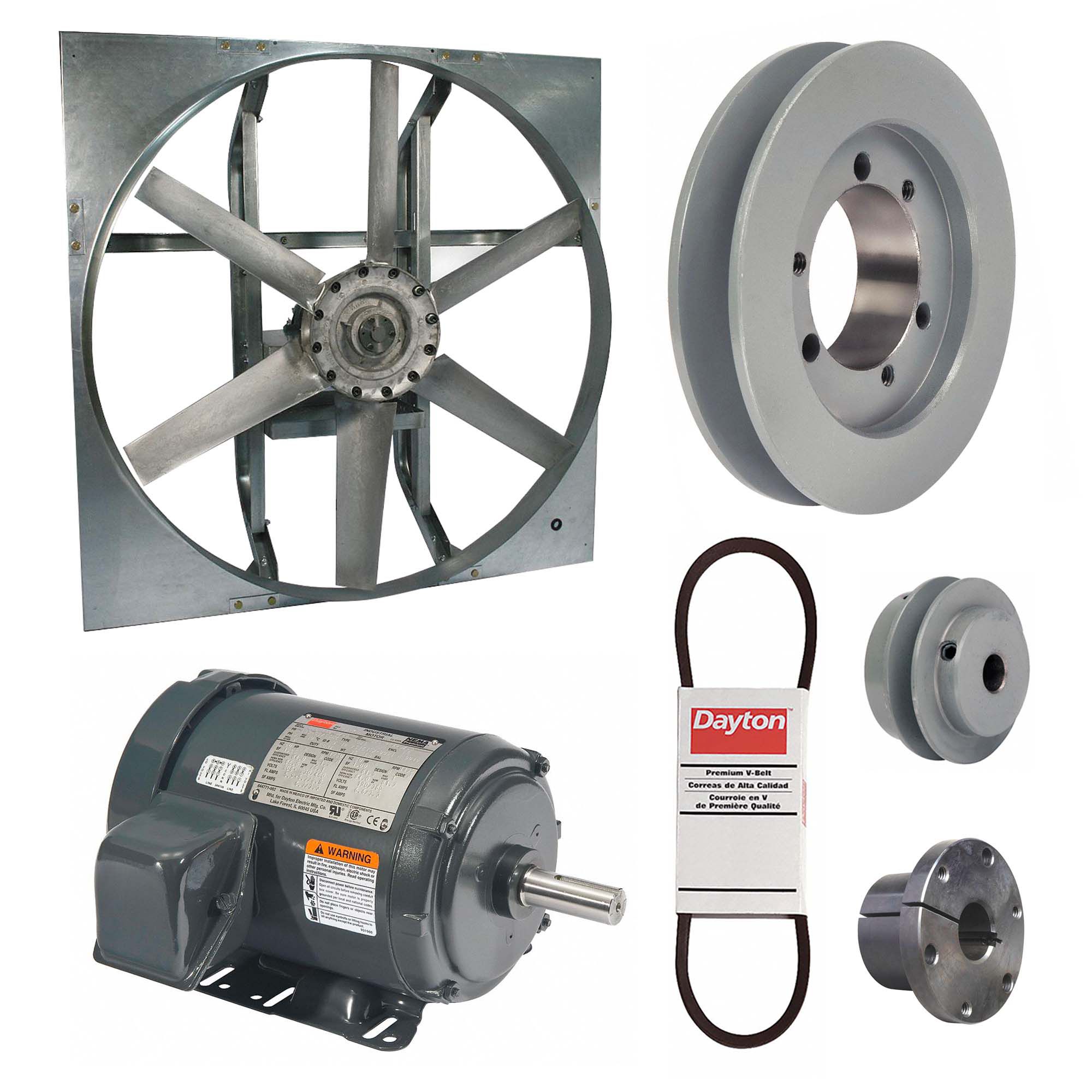 Exhaust Fan with Drive Package: Belt Drive, 30 in Blade, 1 hp, 11, 901 cfm, 230/460V AC, 3 ph