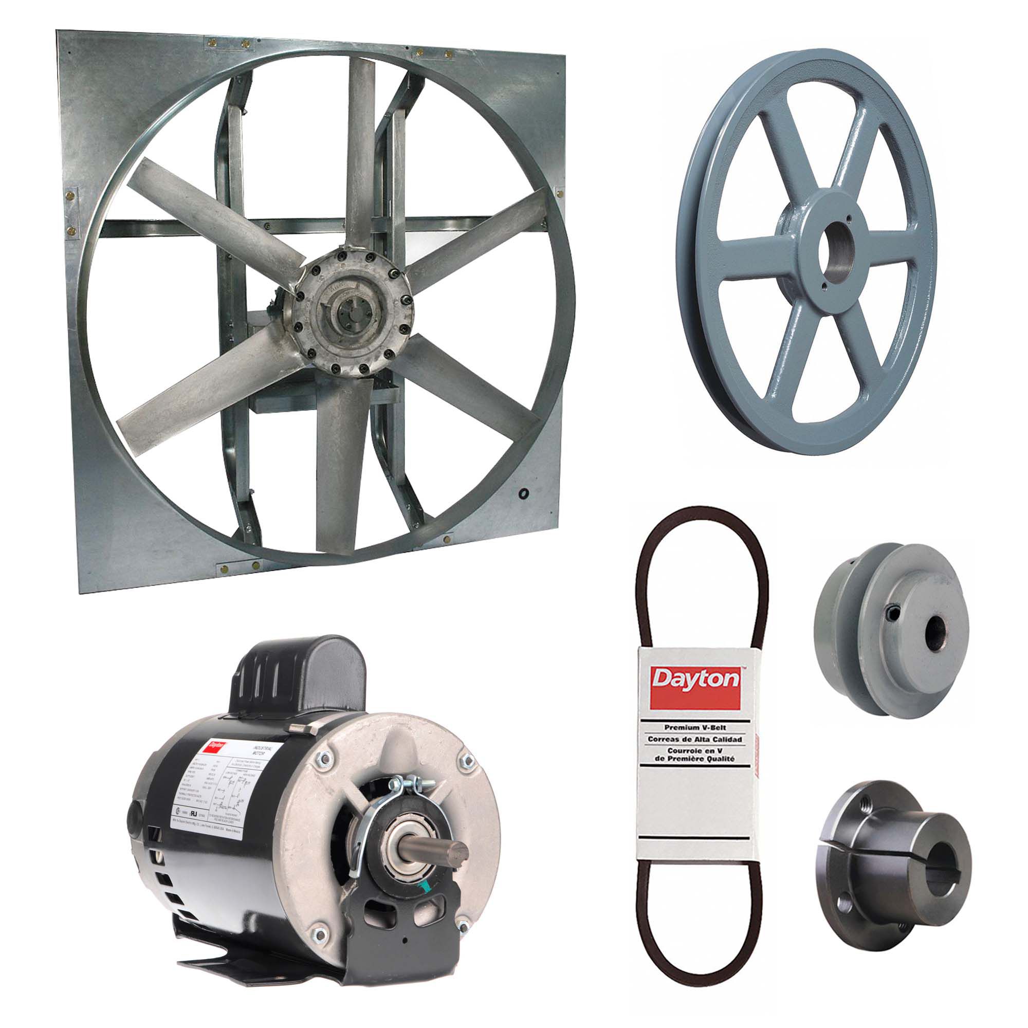 Exhaust Fan with Drive Package: Belt Drive, 36 in Blade, 1 hp, 15, 803 cfm, 115/208-230V AC, 1 ph