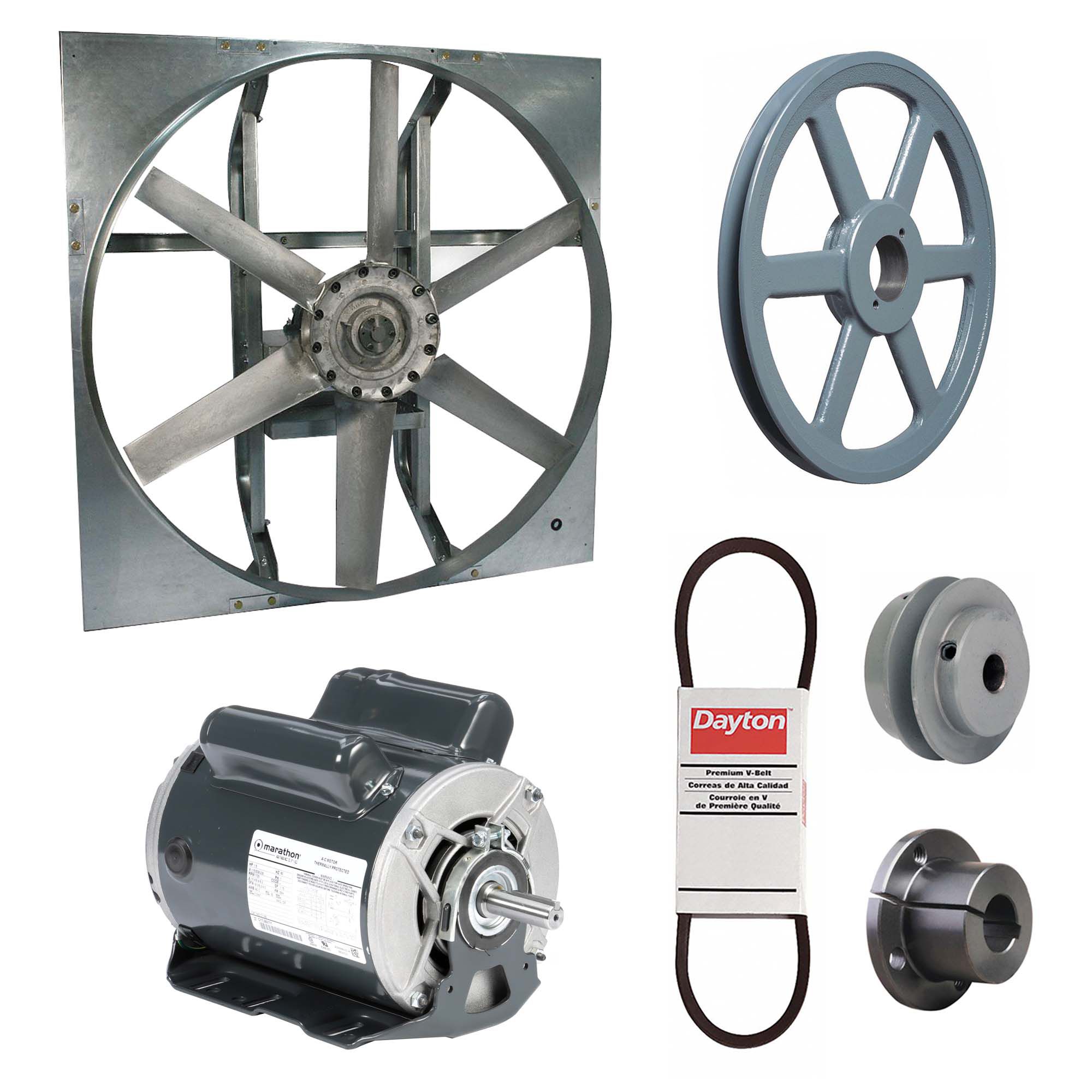 Exhaust Fan with Drive Package: Belt Drive, 36 in Blade, 1 1/2 hp, 18, 117 cfm, 115/208-230V AC, 1 ph
