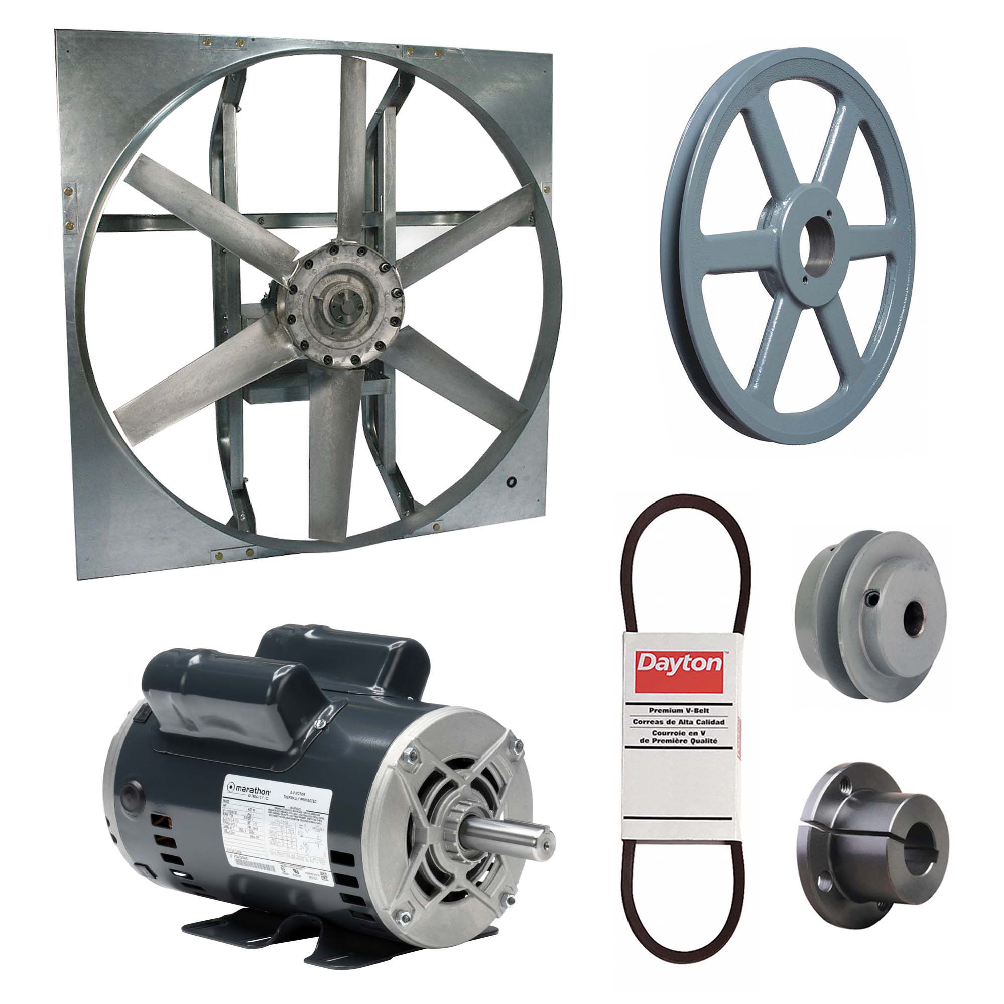Exhaust Fan with Drive Package: Belt Drive, 36 in Blade, 1 hp, 15, 803 cfm, 115/208-230V AC, 1 ph