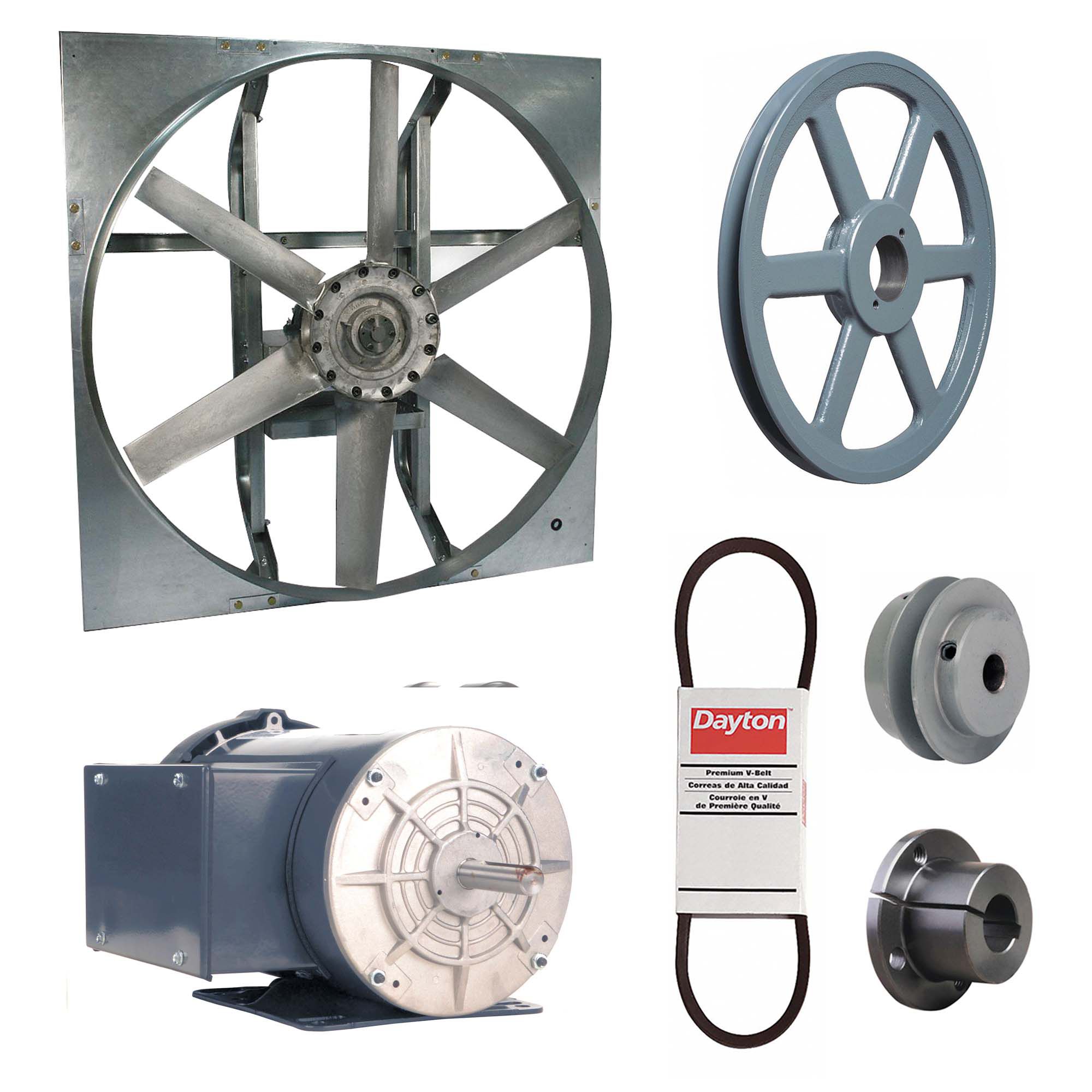 Exhaust Fan with Drive Package: Belt Drive, 36 in Blade, 1 1/2 hp, 18, 117 cfm, 115/208-230V AC, 1 ph