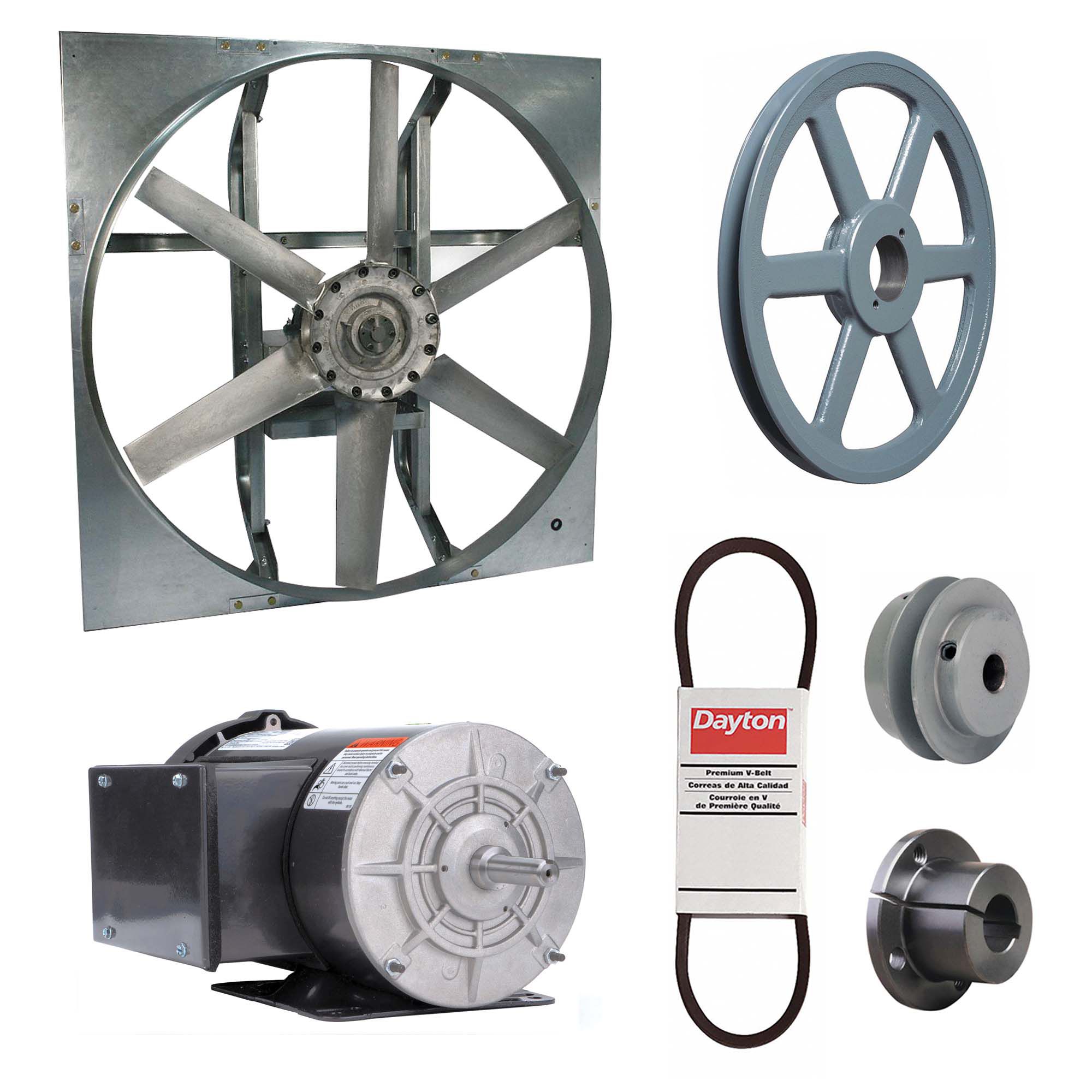 Exhaust Fan with Drive Package: Belt Drive, 36 in Blade, 2 hp, 19, 922 cfm, 115/208-230V AC, 1 ph