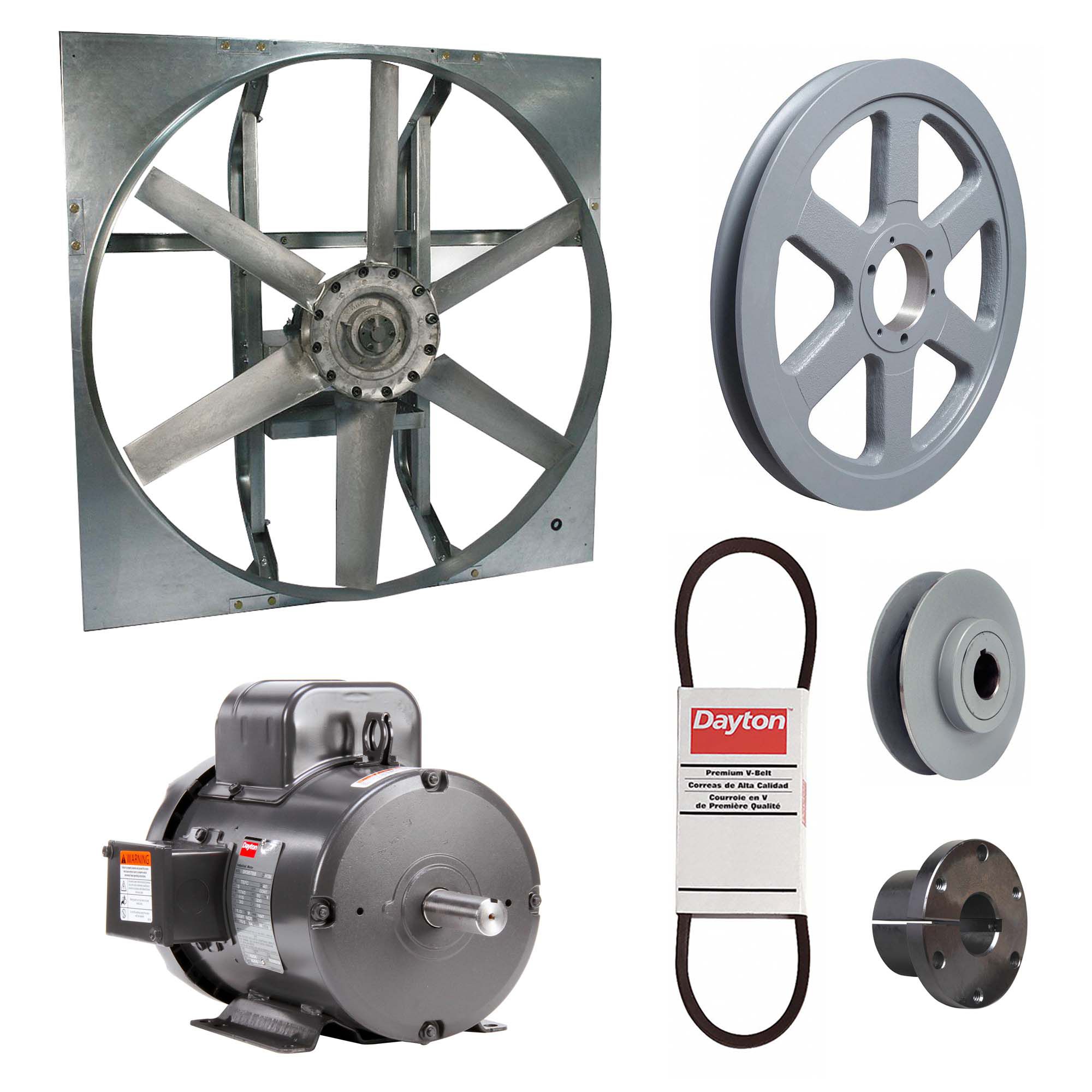 Exhaust Fan with Drive Package: Belt Drive, 36 in Blade, 3 hp, 22, 791 cfm, 115/230V AC, 1 ph