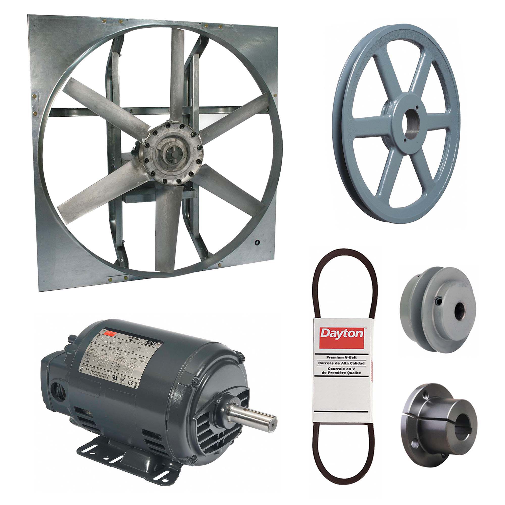 Exhaust Fan with Drive Package: Belt Drive, 36 in Blade, 1 1/2 hp, 18, 117 cfm, 208-230/460V AC, 3 ph