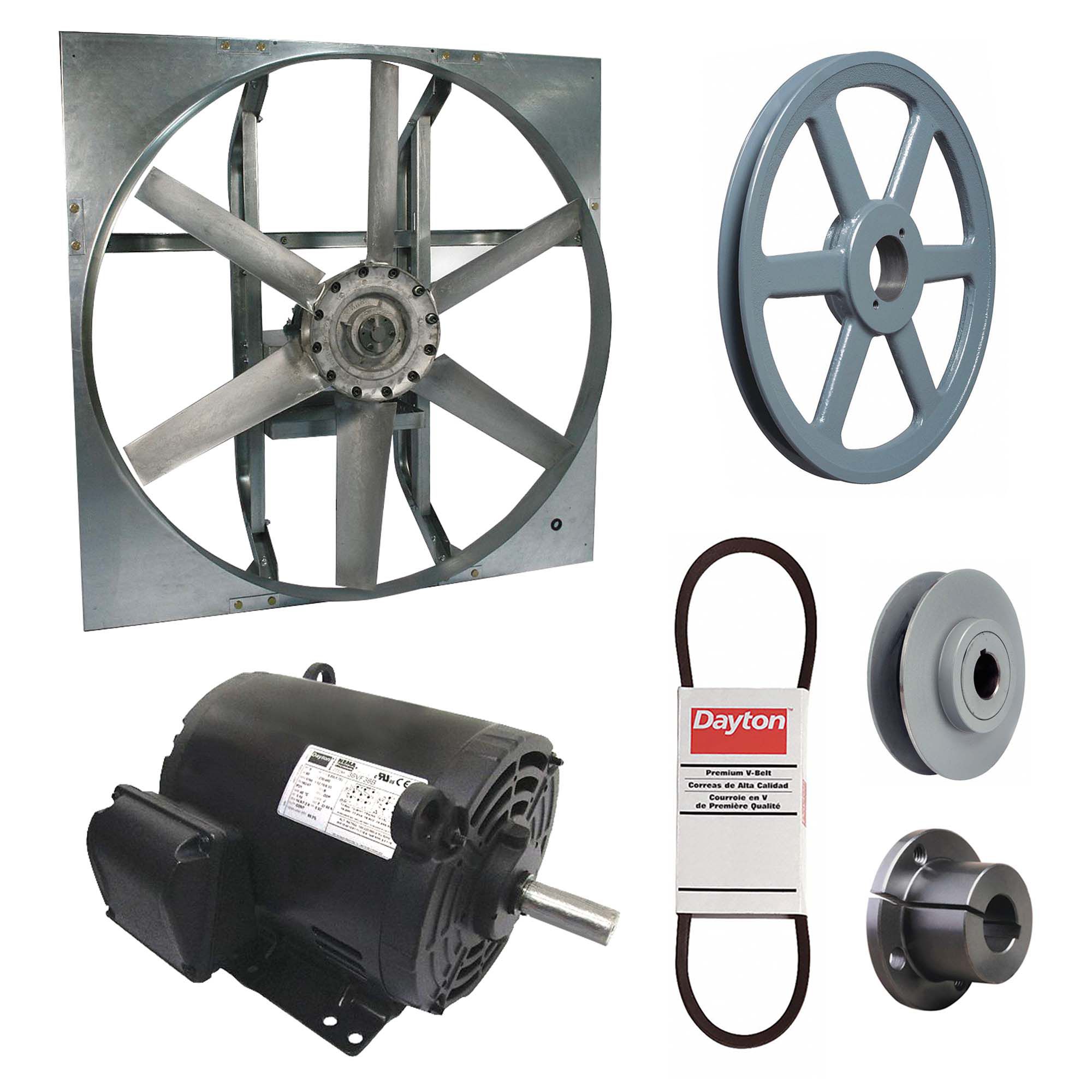 Exhaust Fan with Drive Package: Belt Drive, 36 in Blade, 5 hp, 26, 979 cfm, 230/460V AC, 3 ph