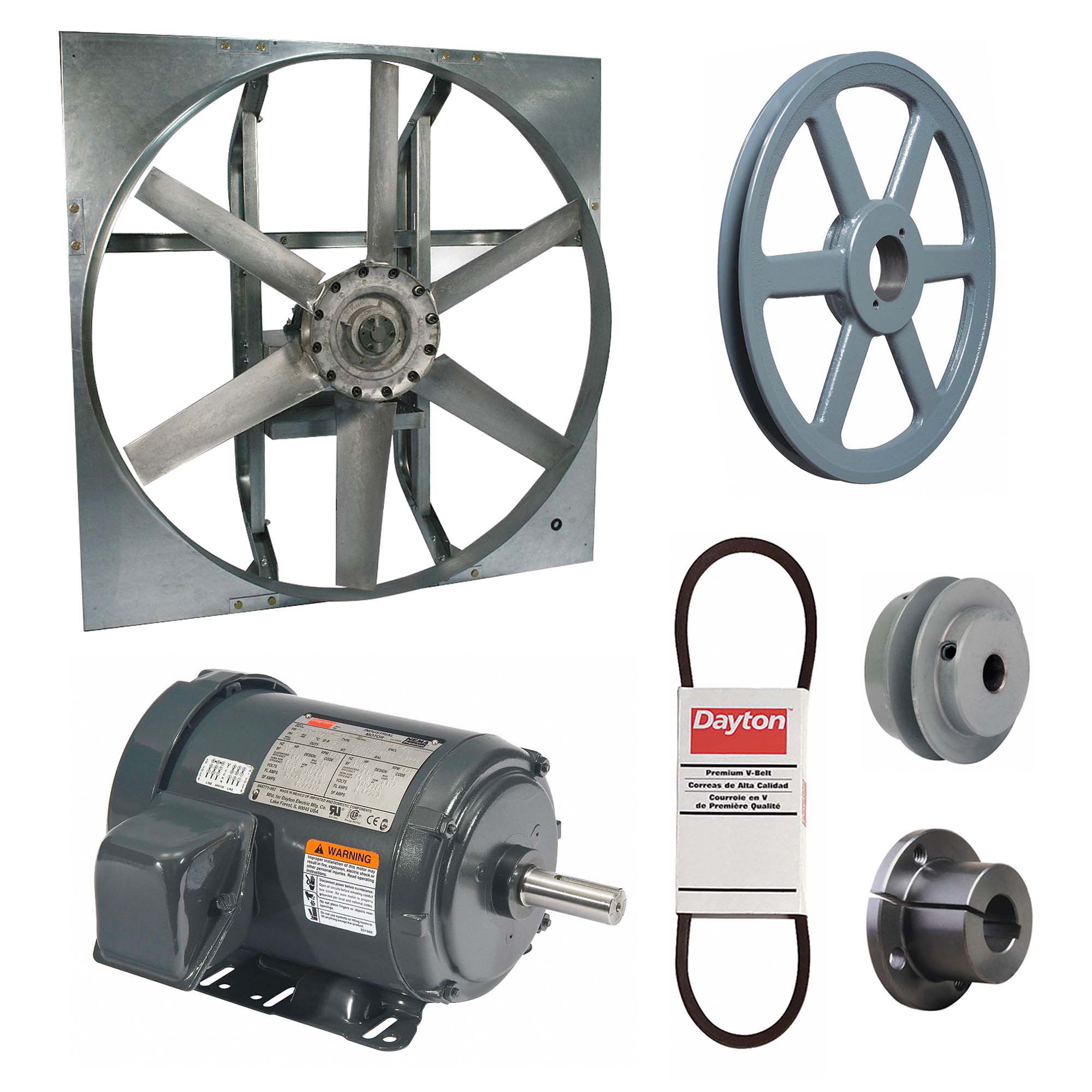 Exhaust Fan with Drive Package: Belt Drive, 36 in Blade, 1 1/2 hp, 18, 117 cfm, 208-230/460V AC, 3 ph