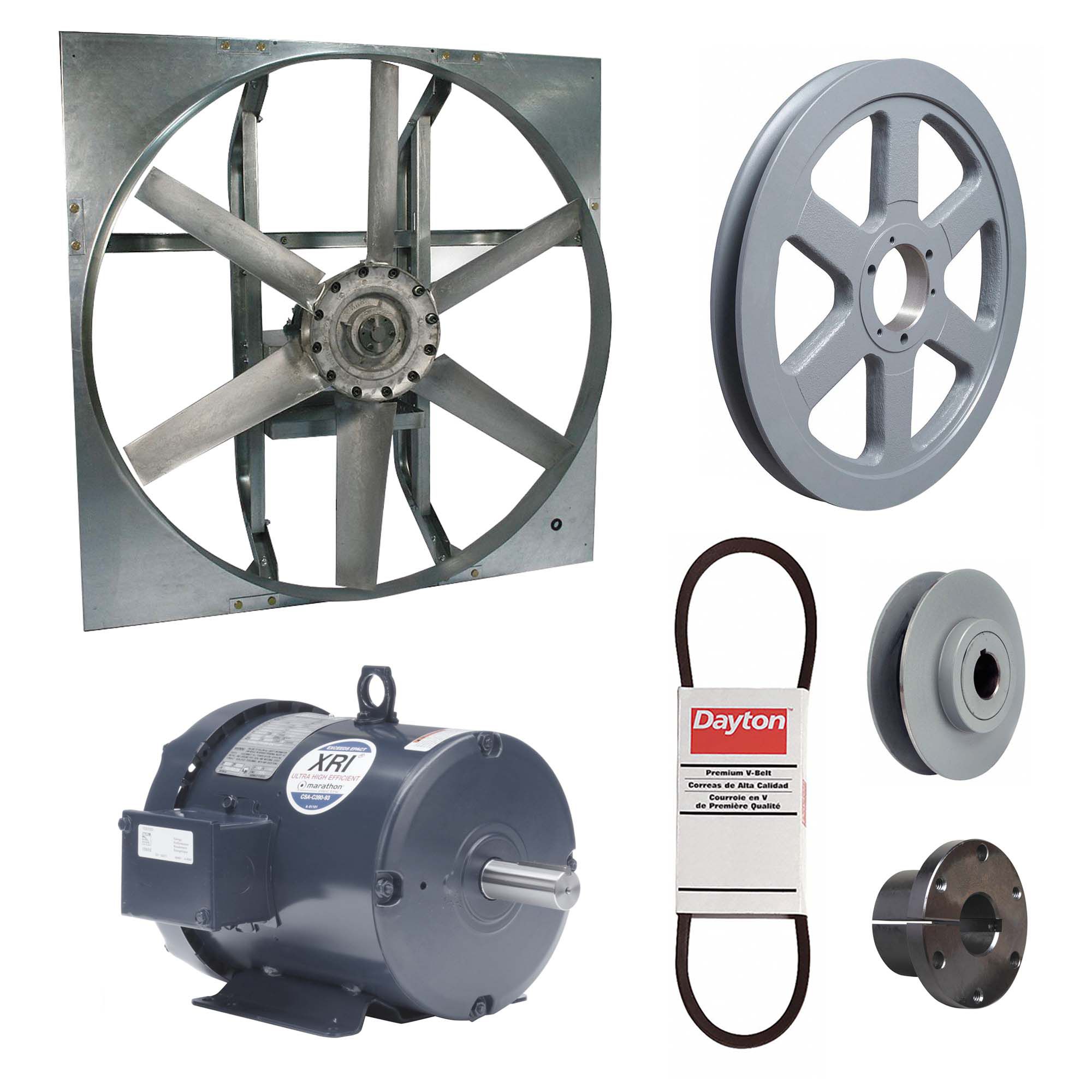Exhaust Fan with Drive Package: Belt Drive, 36 in Blade, 3 hp, 22, 791 cfm, 230/460V AC, 3 ph