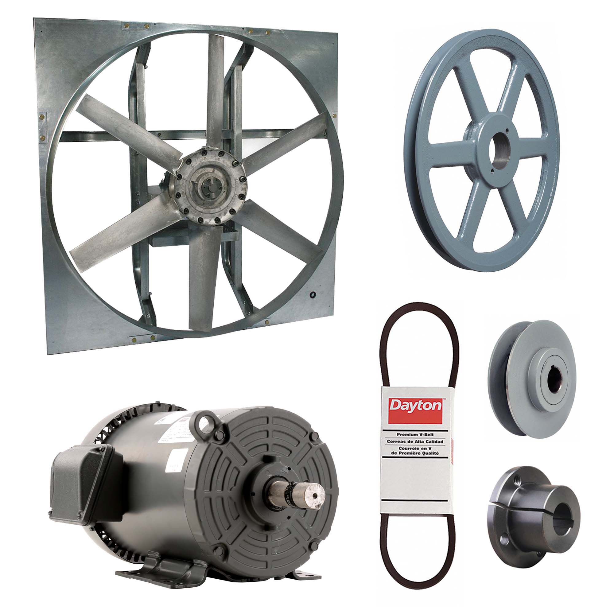 Exhaust Fan with Drive Package: Belt Drive, 36 in Blade, 5 hp, 26, 979 cfm, 208-230/460V AC, 3 ph