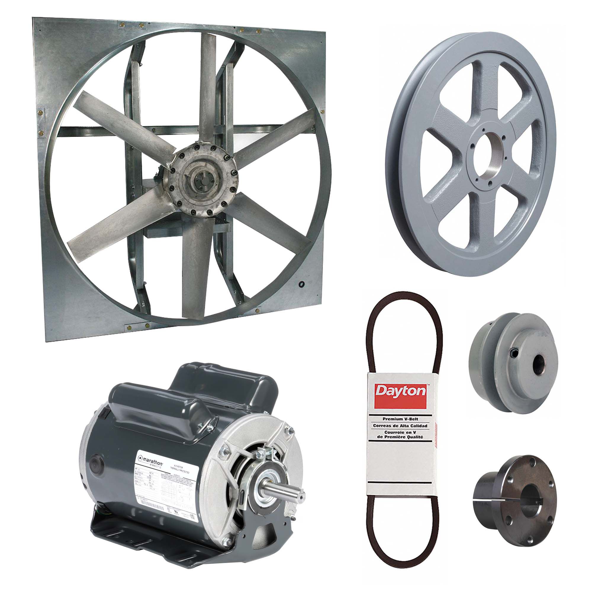 Exhaust Fan with Drive Package: Belt Drive, 42 in Blade, 1 1/2 hp, 20, 652 cfm, 115/208-230V AC, 1 ph