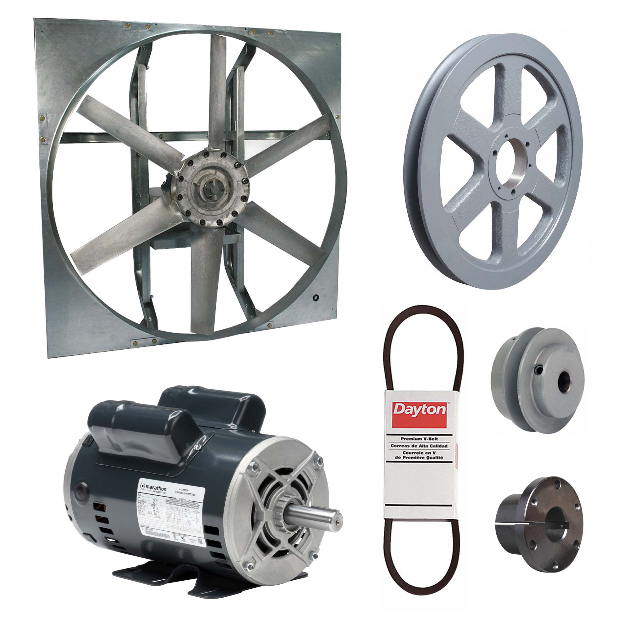 Exhaust Fan with Drive Package: Belt Drive, 42 in Blade, 2 hp, 22, 735 cfm, 115/208-230V AC, 1 ph