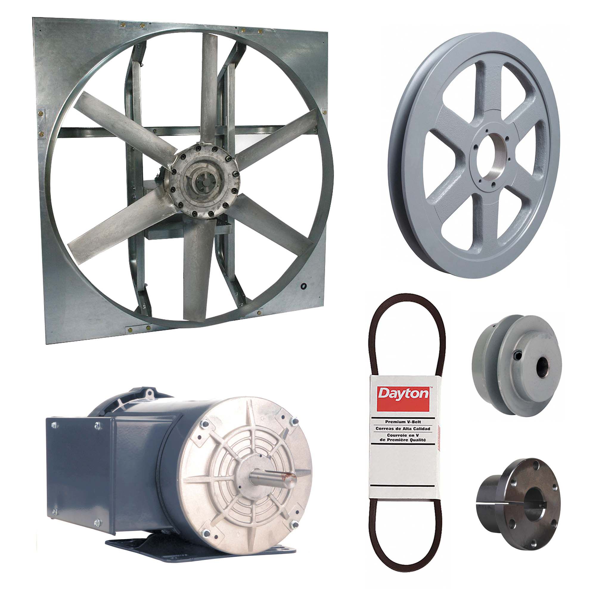 Exhaust Fan with Drive Package: Belt Drive, 42 in Blade, 1 1/2 hp, 20, 652 cfm, 115/208-230V AC, 1 ph