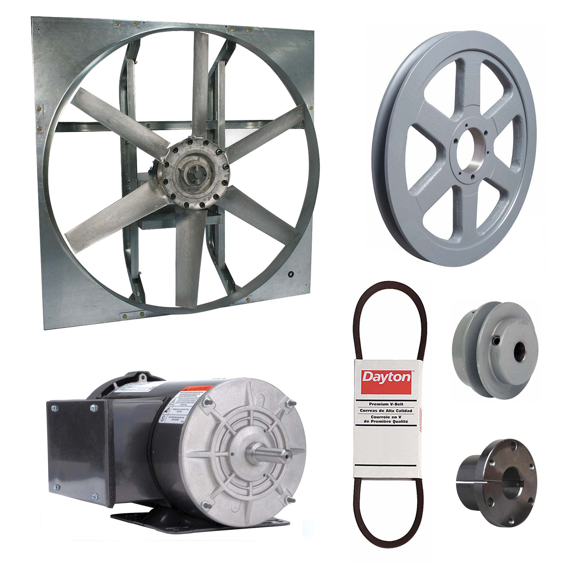 Exhaust Fan with Drive Package: Belt Drive, 42 in Blade, 2 hp, 22, 735 cfm, 115/208-230V AC, 1 ph