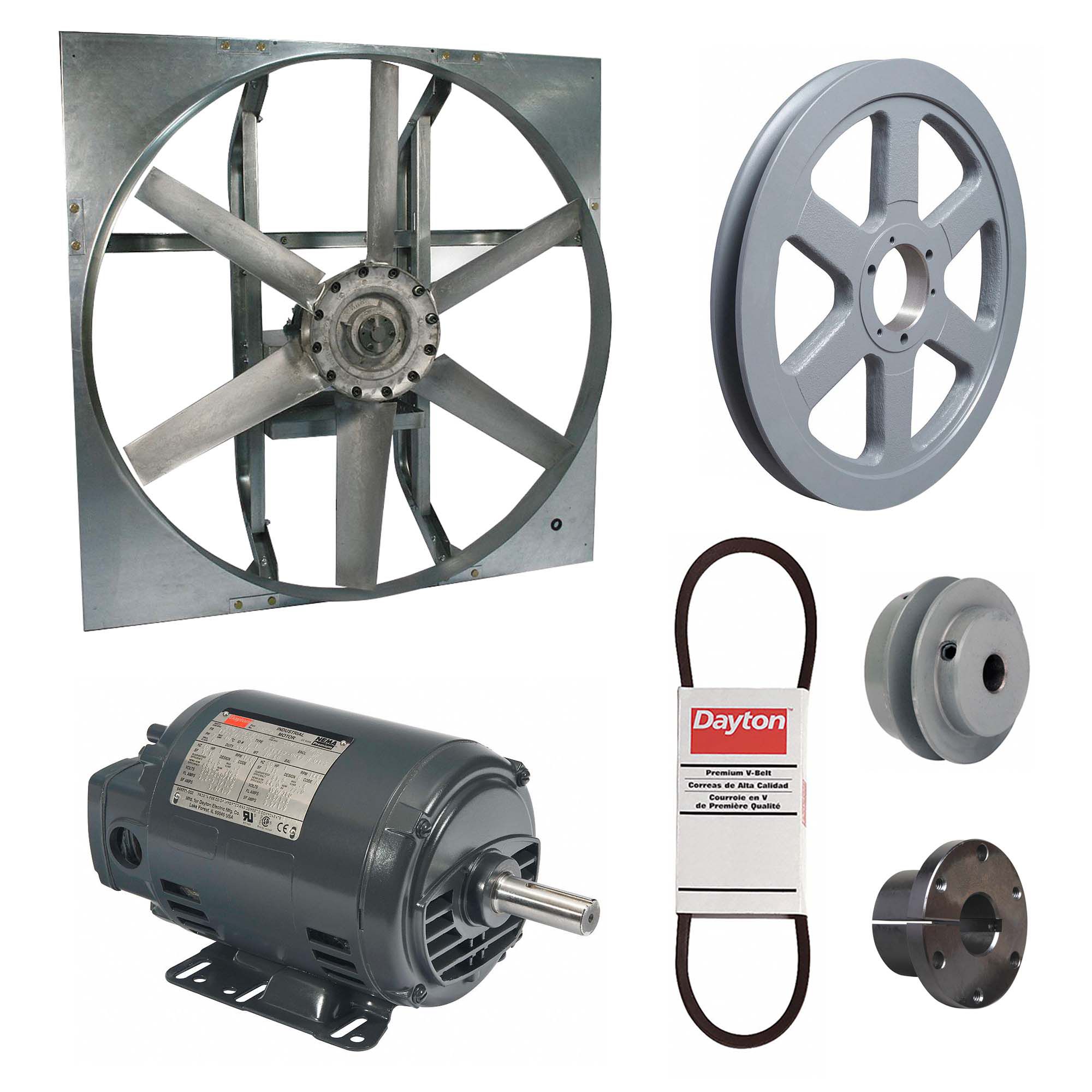 Exhaust Fan with Drive Package: Belt Drive, 42 in Blade, 1 1/2 hp, 20, 652 cfm, 208-230/460V AC, 3 ph