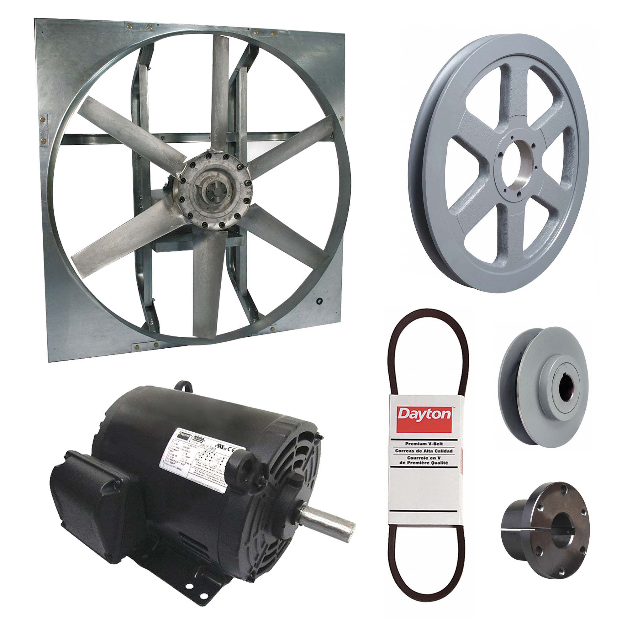 Exhaust Fan with Drive Package: Belt Drive, 42 in Blade, 5 hp, 30, 825 cfm, 230/460V AC, 3 ph