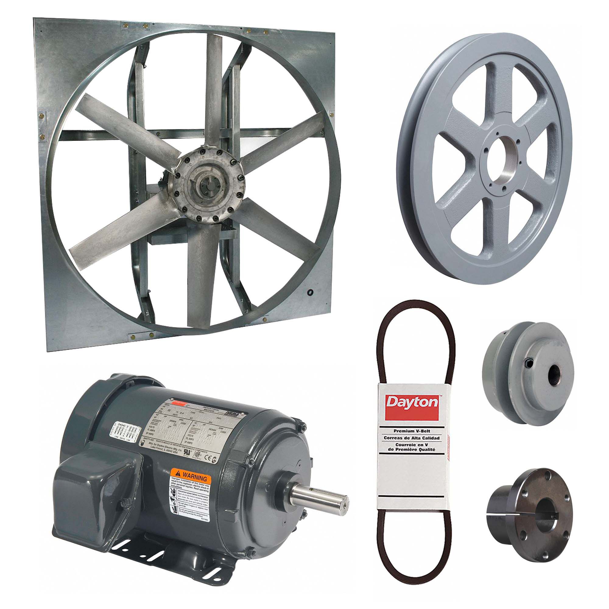 Exhaust Fan with Drive Package: Belt Drive, 42 in Blade, 1 1/2 hp, 20, 652 cfm, 208-230/460V AC, 3 ph