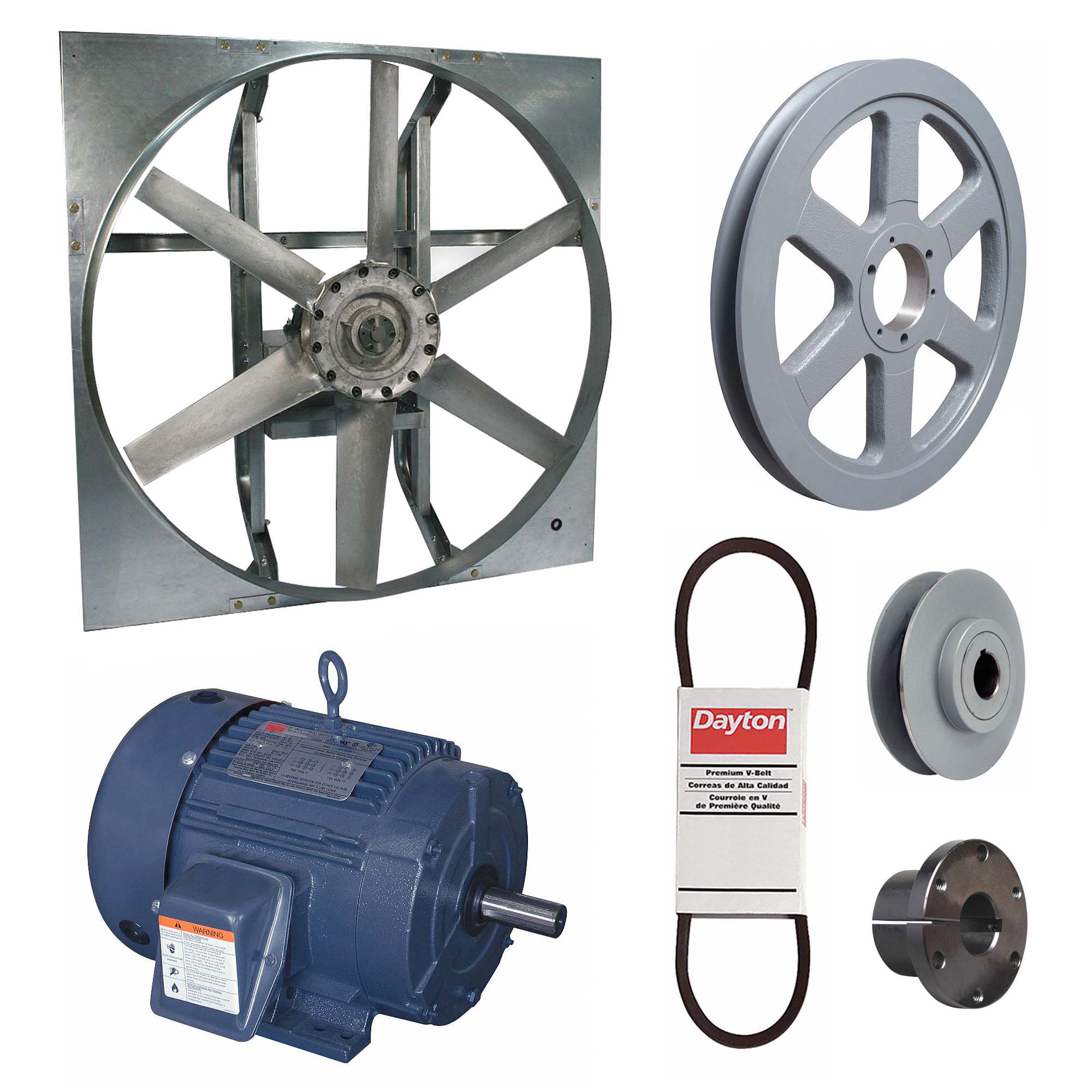 Exhaust Fan with Drive Package: Belt Drive, 42 in Blade, 3 hp, 26, 012 cfm, 230/460V AC, 3 ph